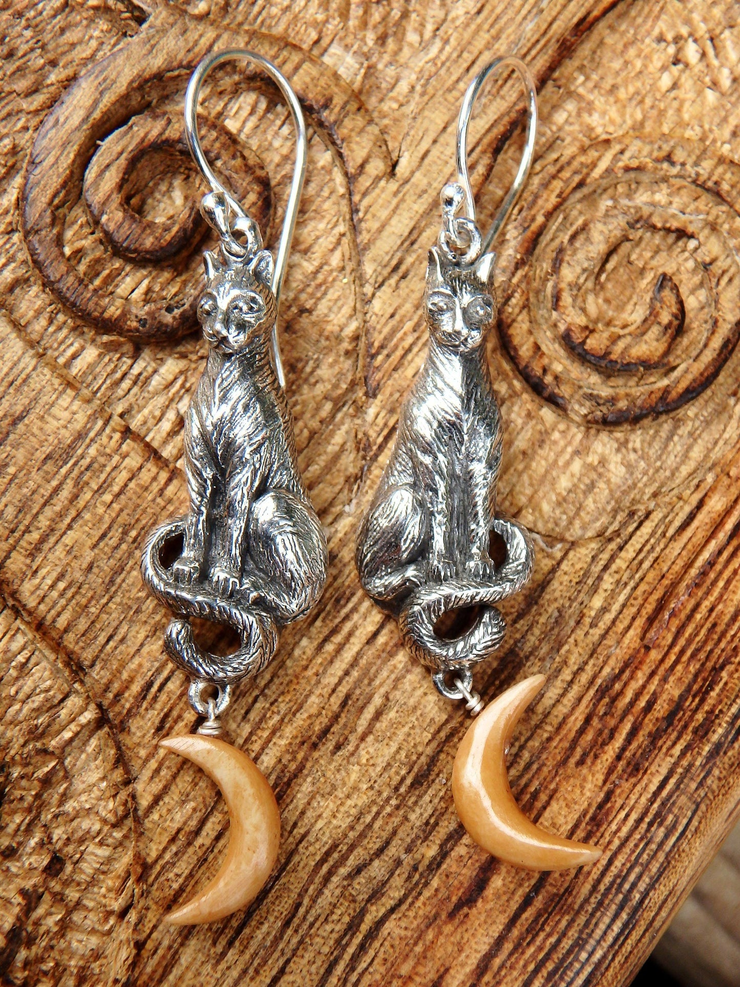  Cat & Golden Crescent Moon Earrings in Sterling Silver