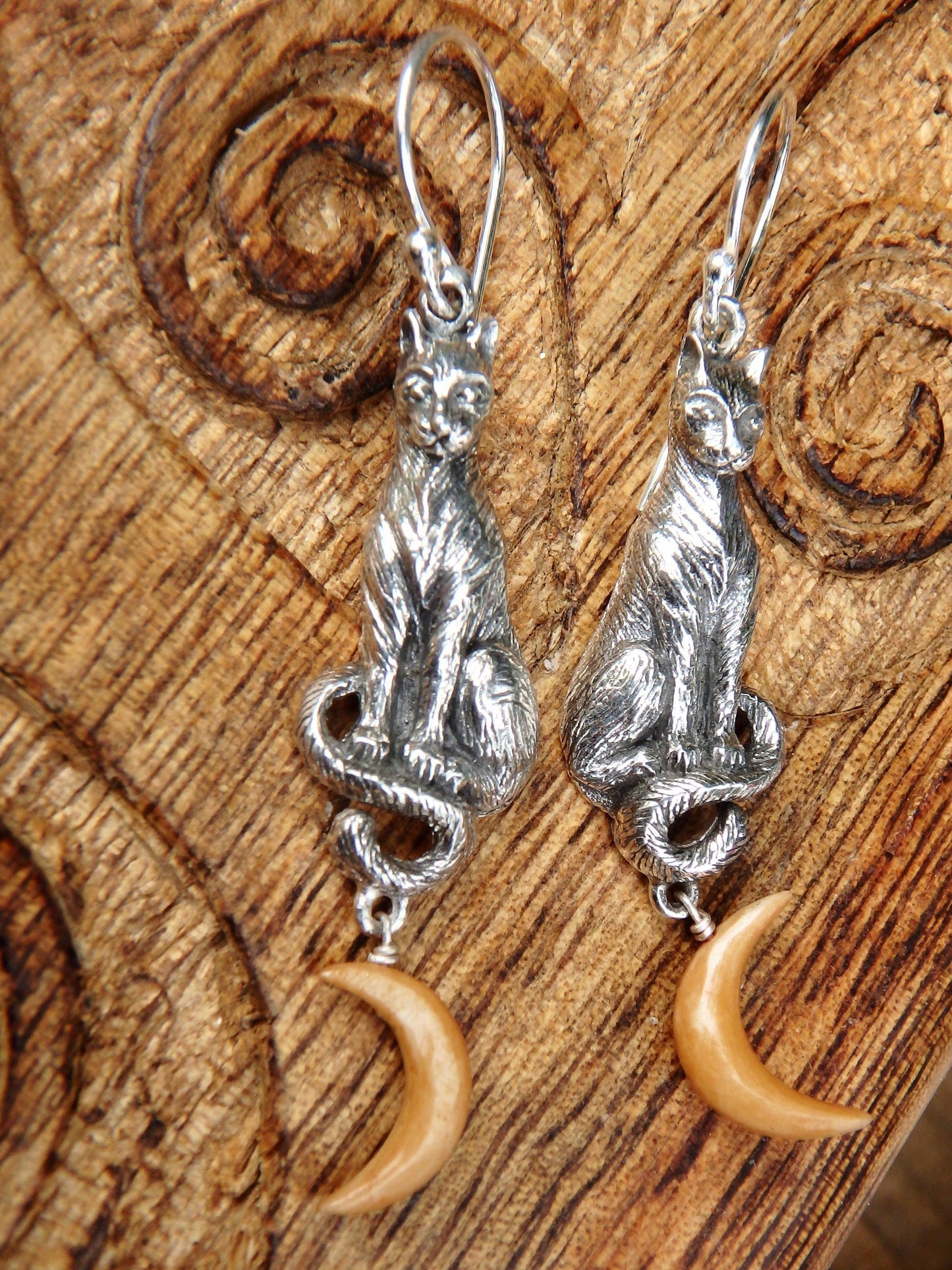  Cat & Golden Crescent Moon Earrings in Sterling Silver