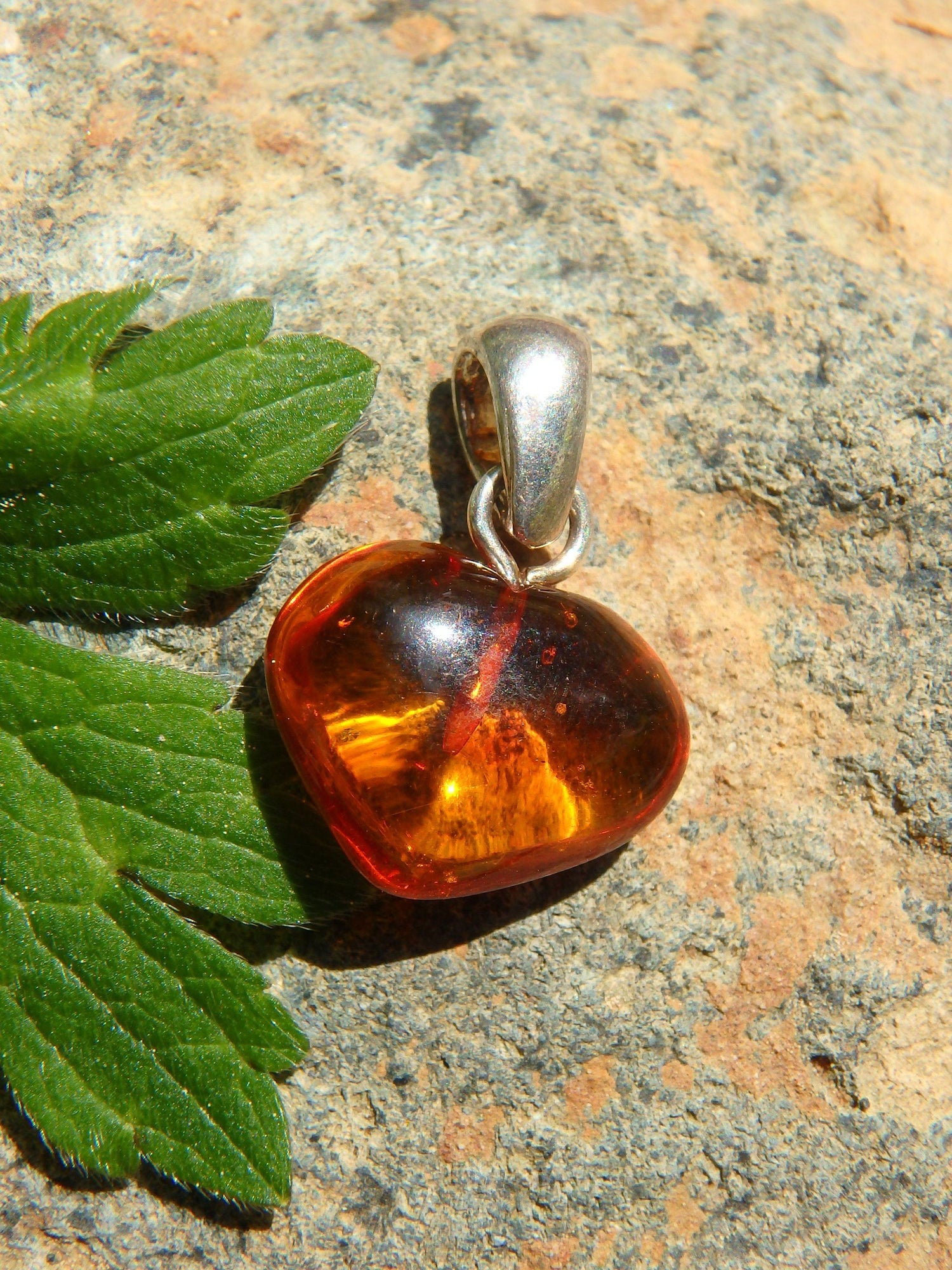  Dainty Cognac Lithuanian Baltic Amber Heart Pendant in Sterling Silver