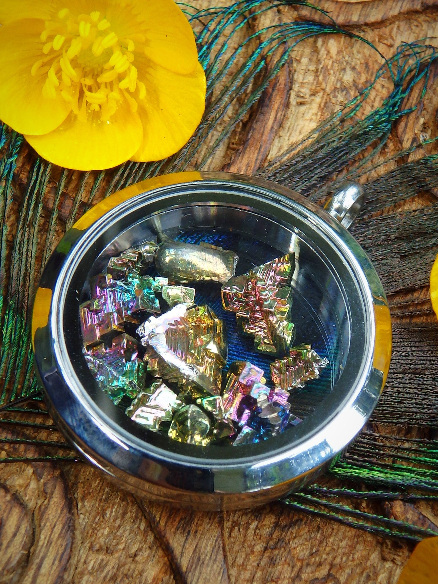 Rainbow Bismuth Floating in Locket Style Stainless Steel Pendant (Includes Silver Chain) - Metiz Tier Price