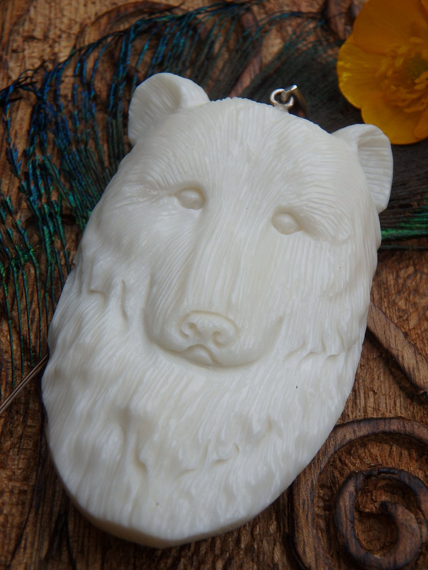 Intricately Carved Majestic Bear in Bone Pendant (Includes Silver Chain) - Earth Family Crystals
