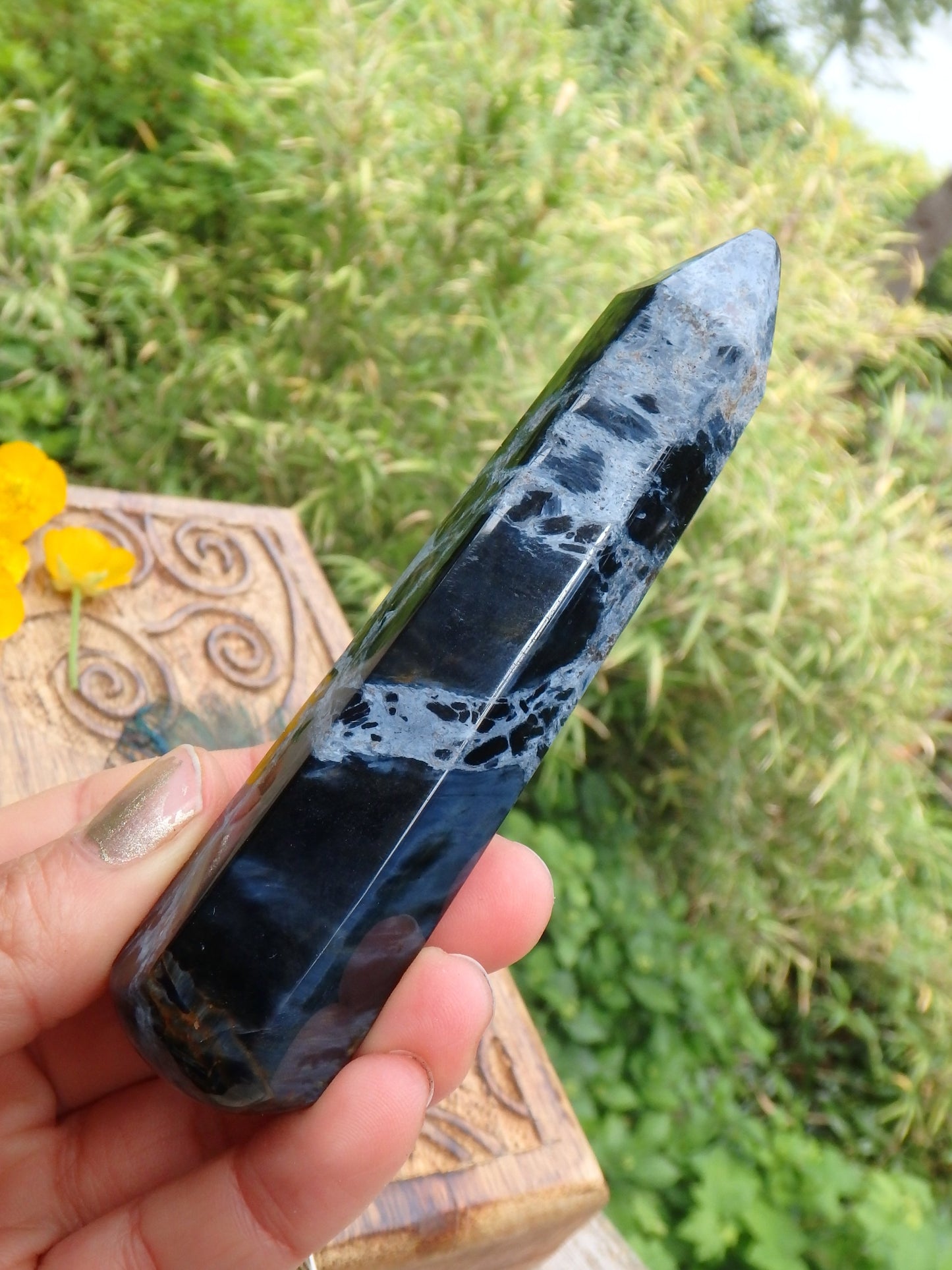 Silk & Satin Blue Flash Long Pietersite Wand Carving - Metiz Tier Price