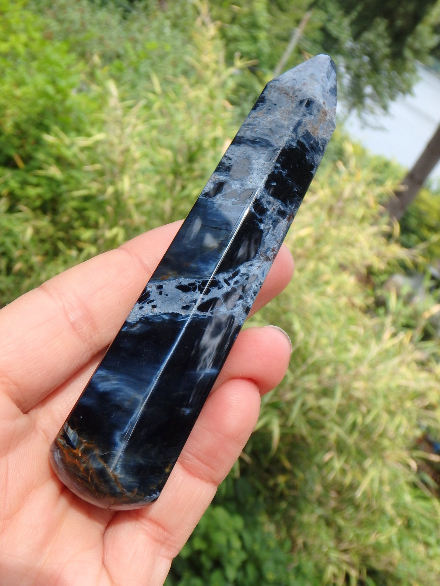 Silk & Satin Blue Flash Long Pietersite Wand Carving - Metiz Tier Price