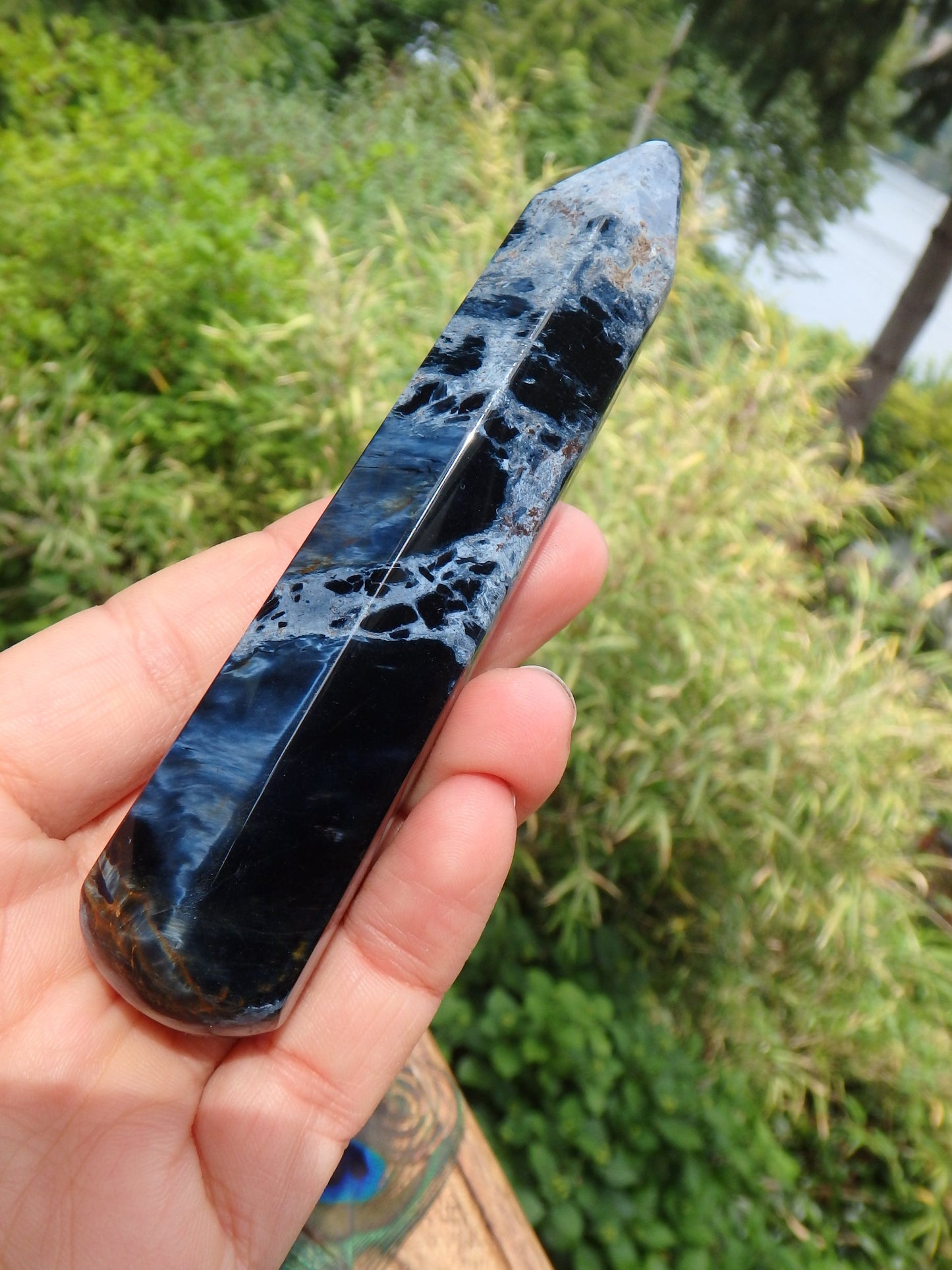 Silk & Satin Blue Flash Long Pietersite Wand Carving - Metiz Tier Price