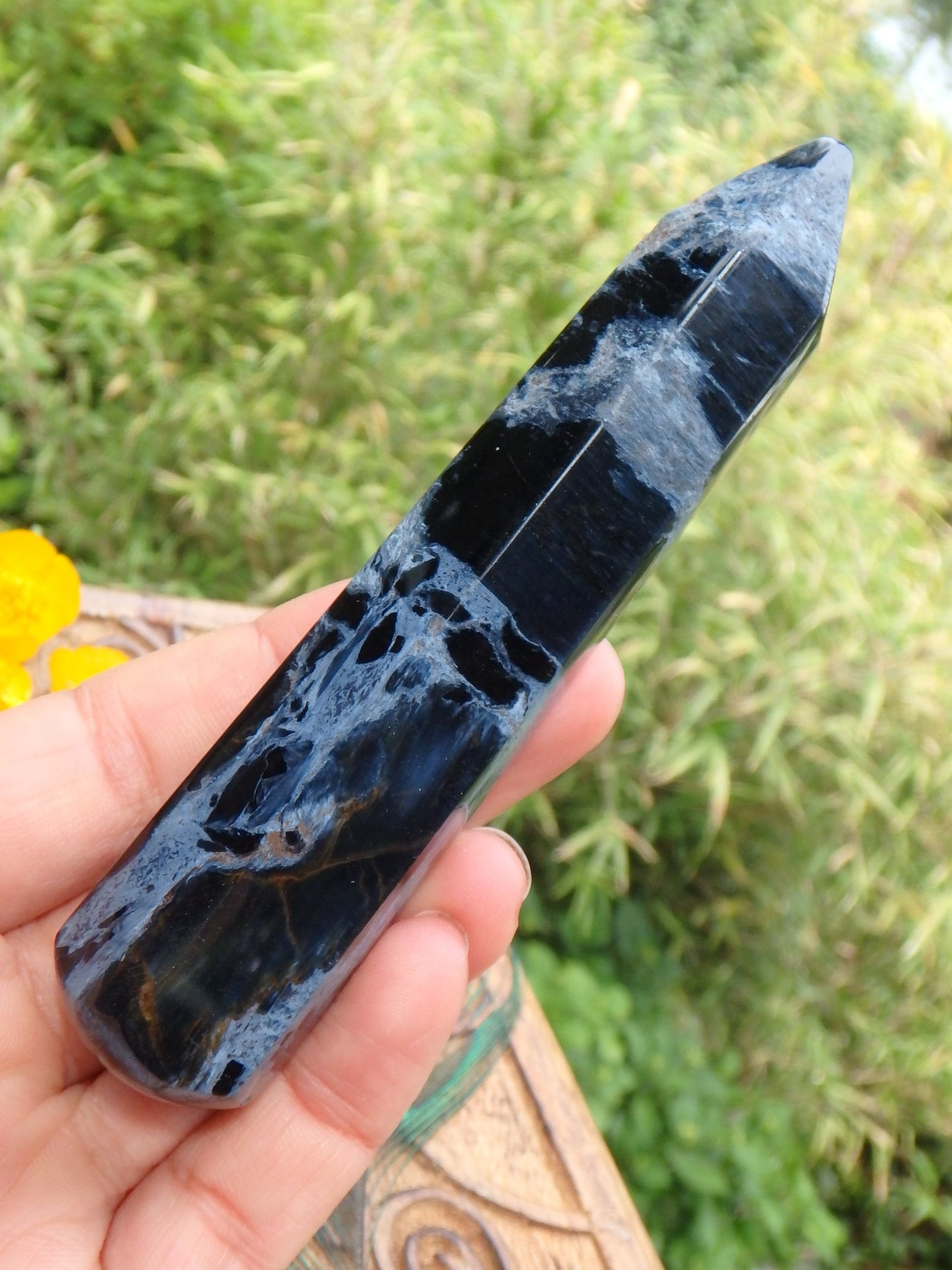 Silk & Satin Blue Flash Long Pietersite Wand Carving - Metiz Tier Price