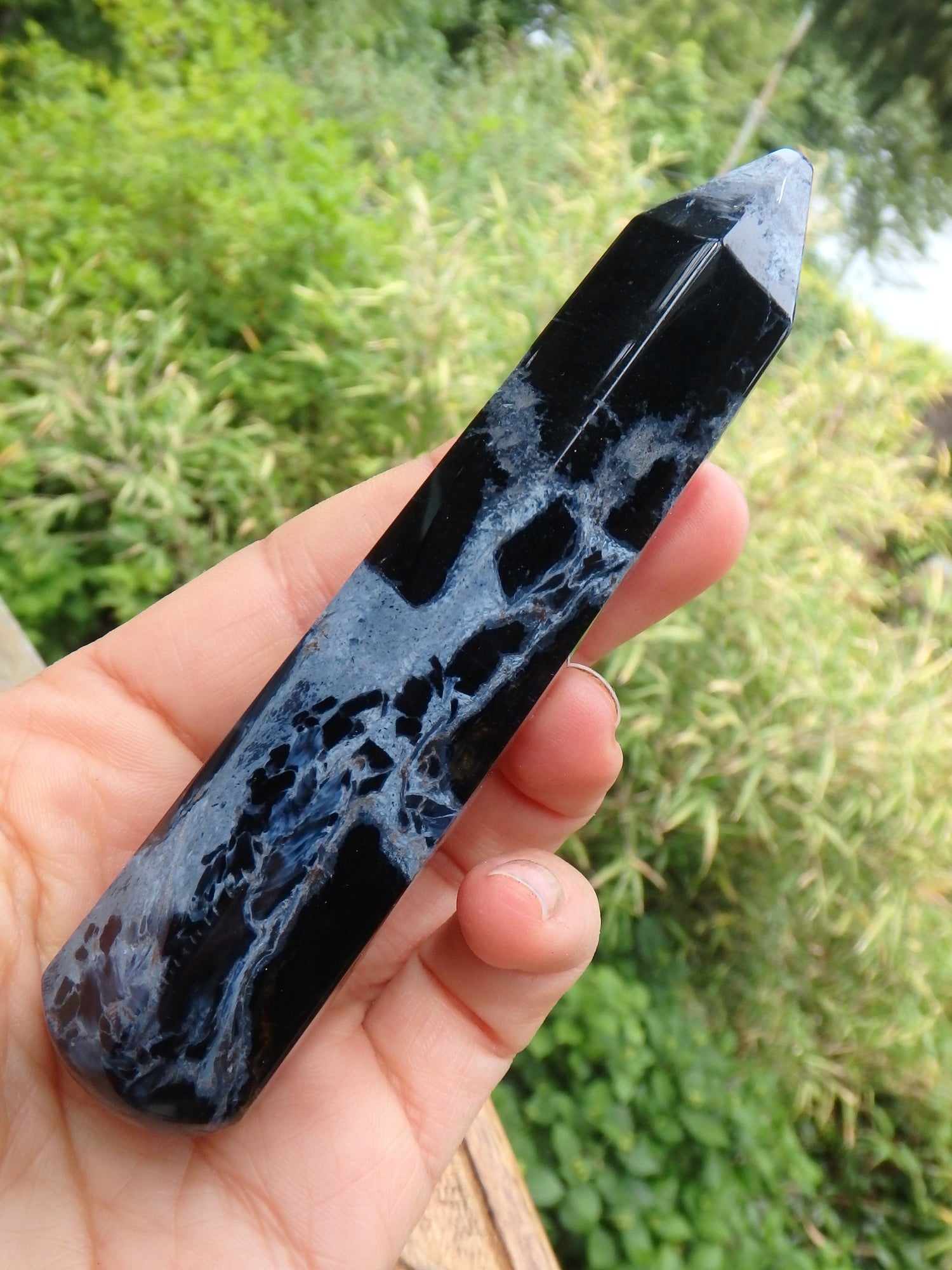 Silk & Satin Blue Flash Long Pietersite Wand Carving - Metiz Tier Price