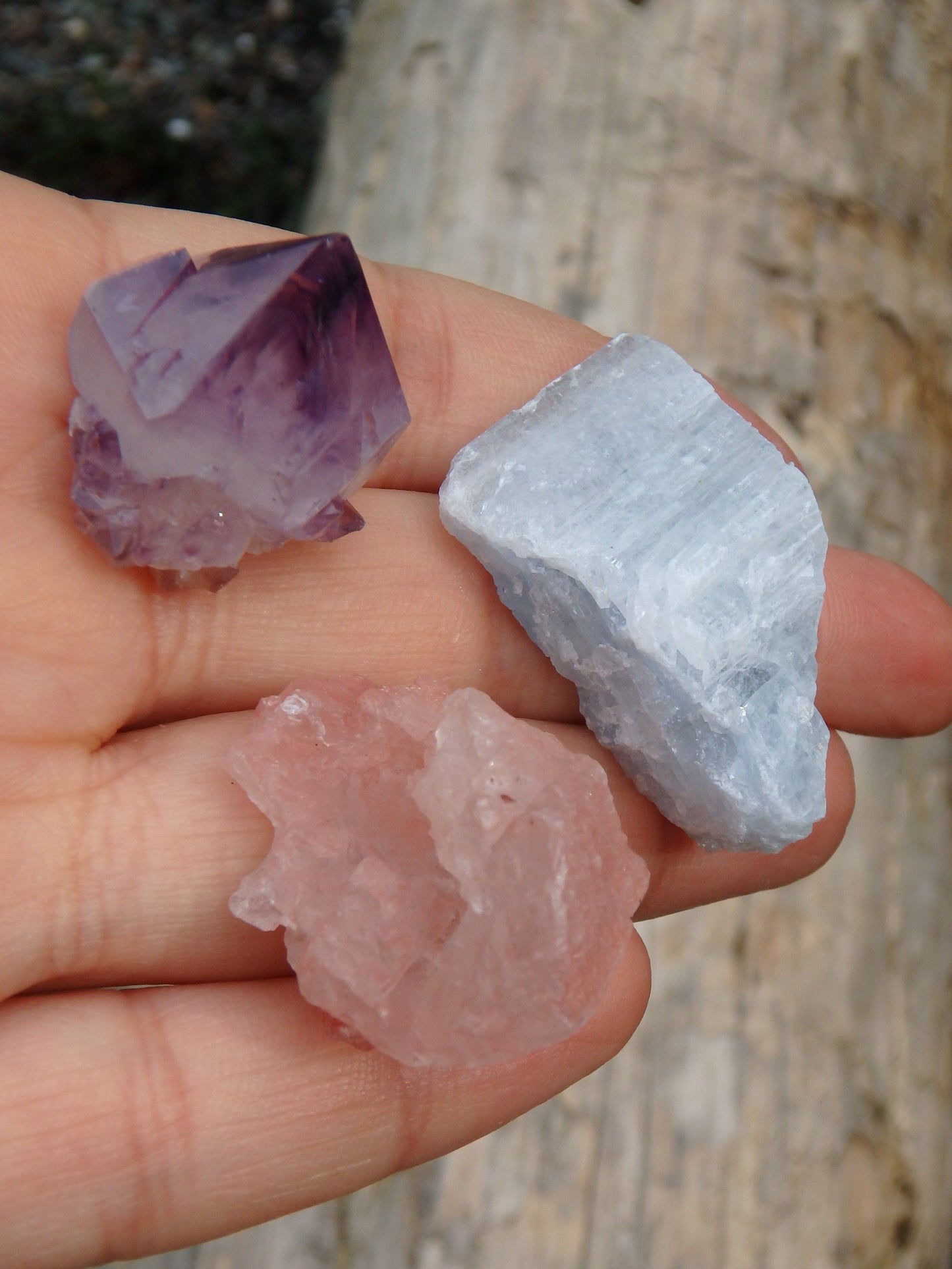  Crystal Set~Sweet Blue Ohio Celestite, Amethyst Star Point & Pink Nirvana Quartz Hand Held Stones