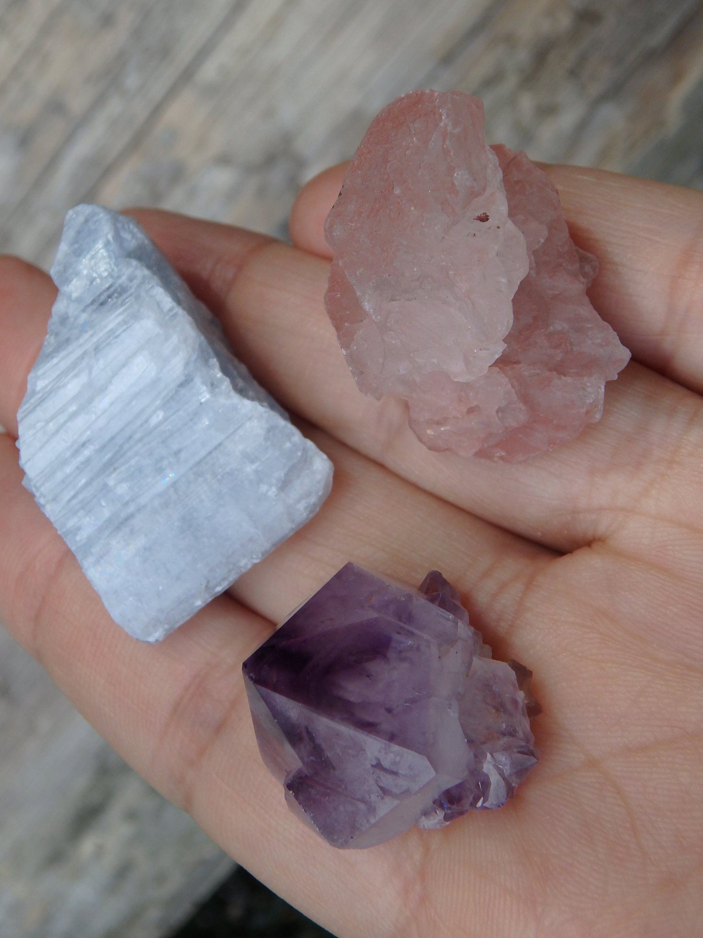  Crystal Set~Sweet Blue Ohio Celestite, Amethyst Star Point & Pink Nirvana Quartz Hand Held Stones