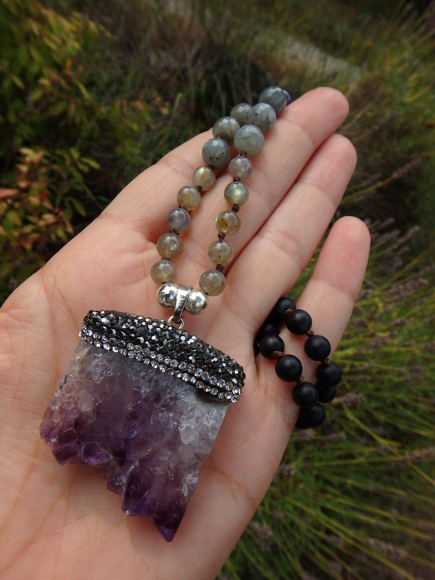  Beautiful Labradorite, Amethyst &  Obsidian Beads Long Necklace With Floating Amethyst Pendant