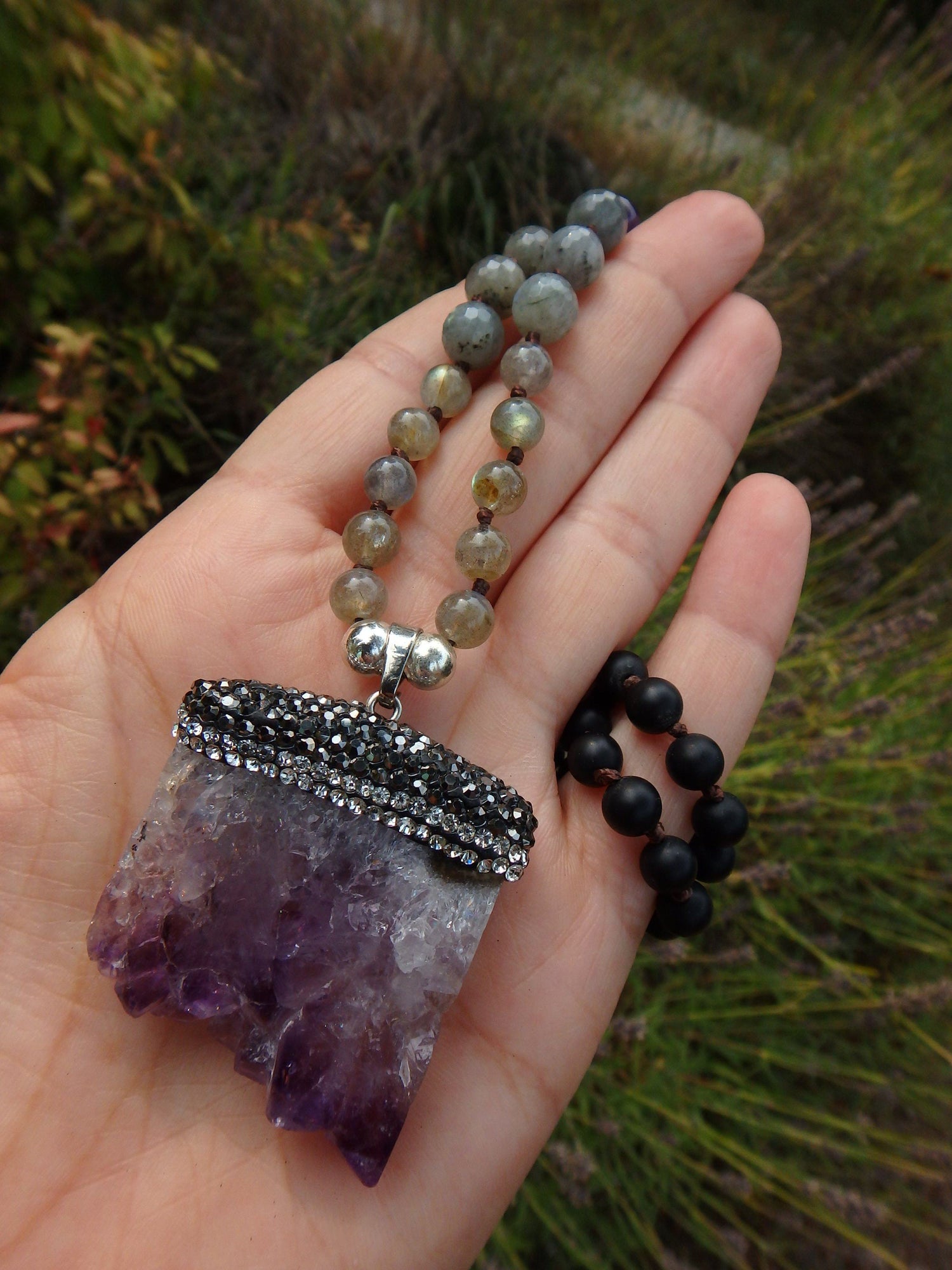  Beautiful Labradorite, Amethyst &  Obsidian Beads Long Necklace With Floating Amethyst Pendant