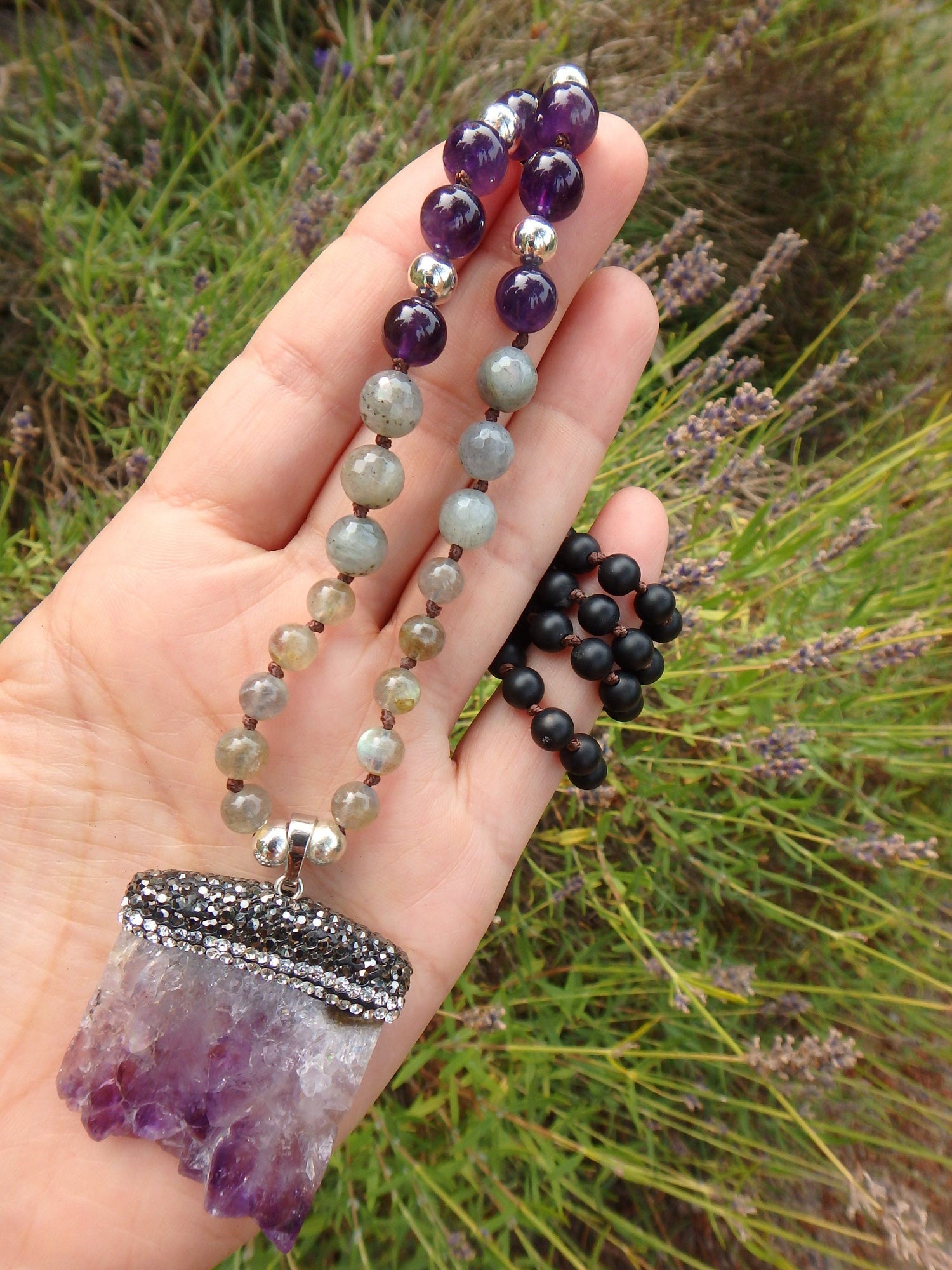  Beautiful Labradorite, Amethyst &  Obsidian Beads Long Necklace With Floating Amethyst Pendant