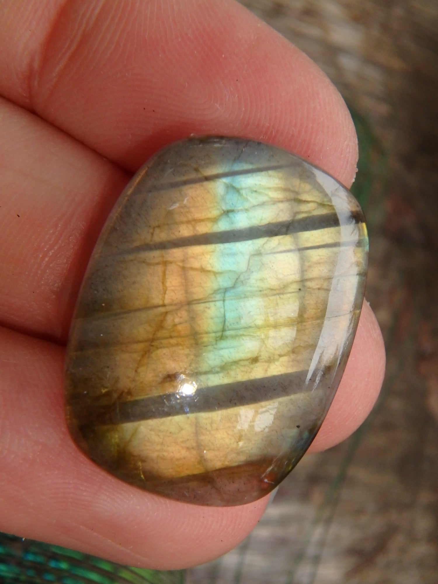 Ribbons & Peachy Gold Flash Labradorite Cabochon - Earth Family Crystals