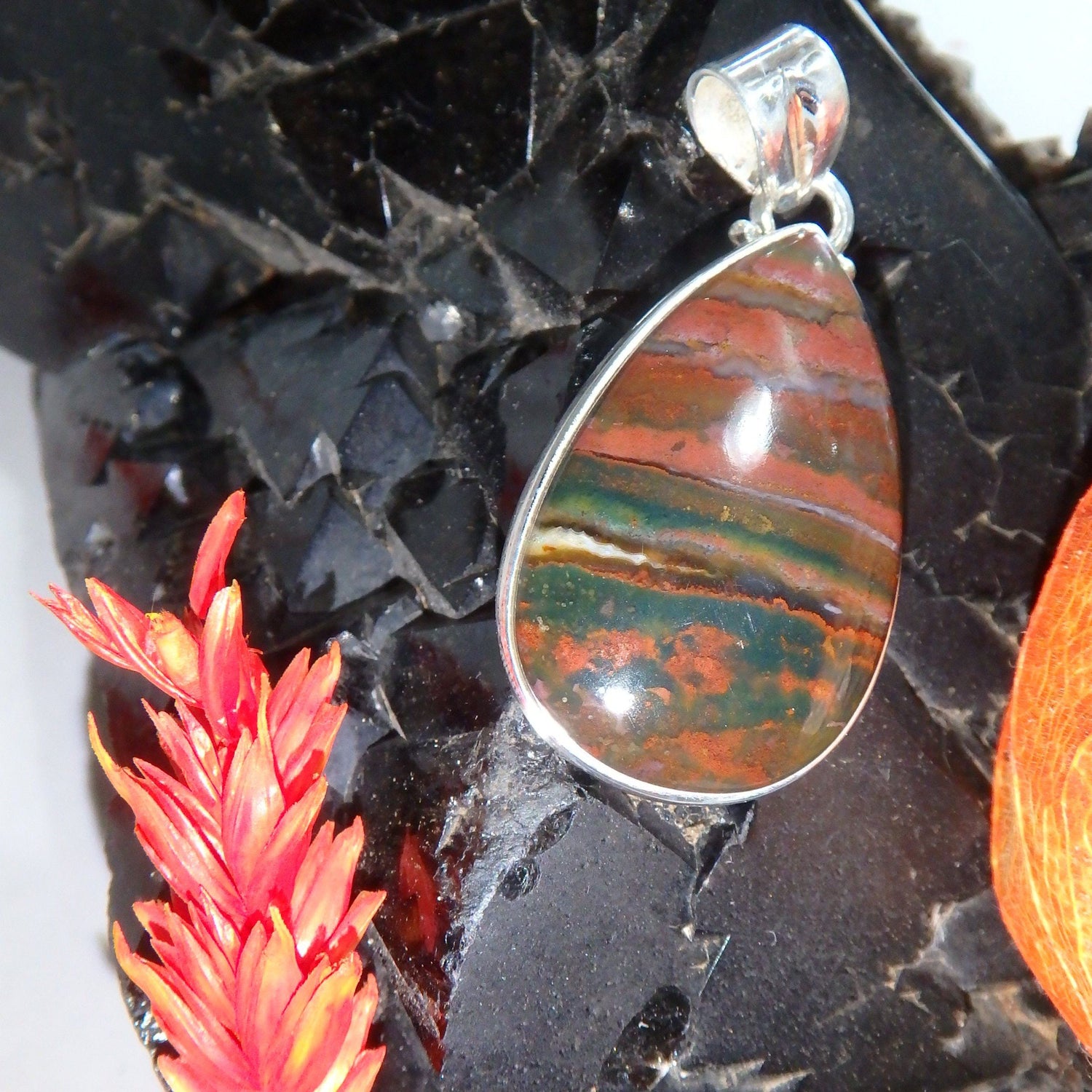  Amazing & Unique Bloodstone Pendant in Sterling Silver ( Includes Silver Chain)