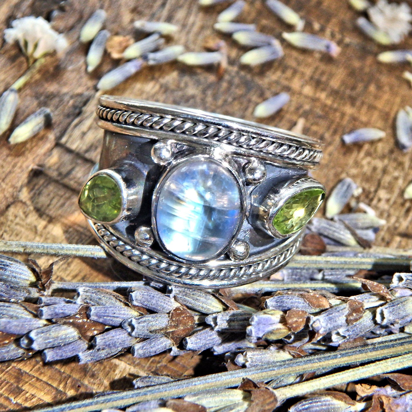  Dazzling Faceted Peridot & Glowing Rainbow Moonstone Sterling Silver Ring (Size 9)