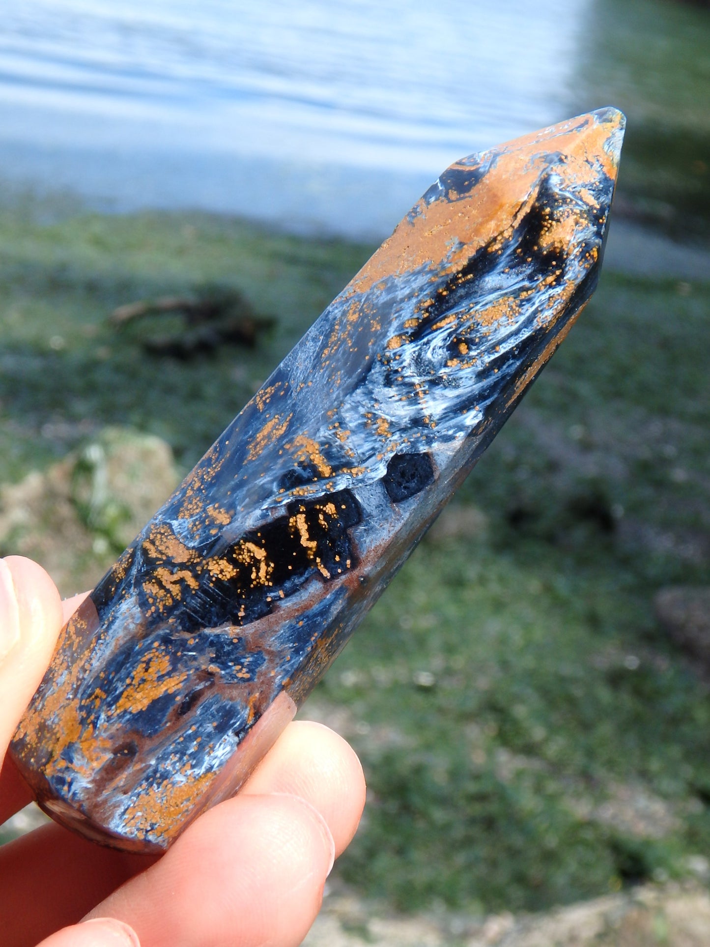Satiny Blue Flashes & Swirls of Gold Pietersite Wand (Ideal for Energy Work) - Metiz Tier Price