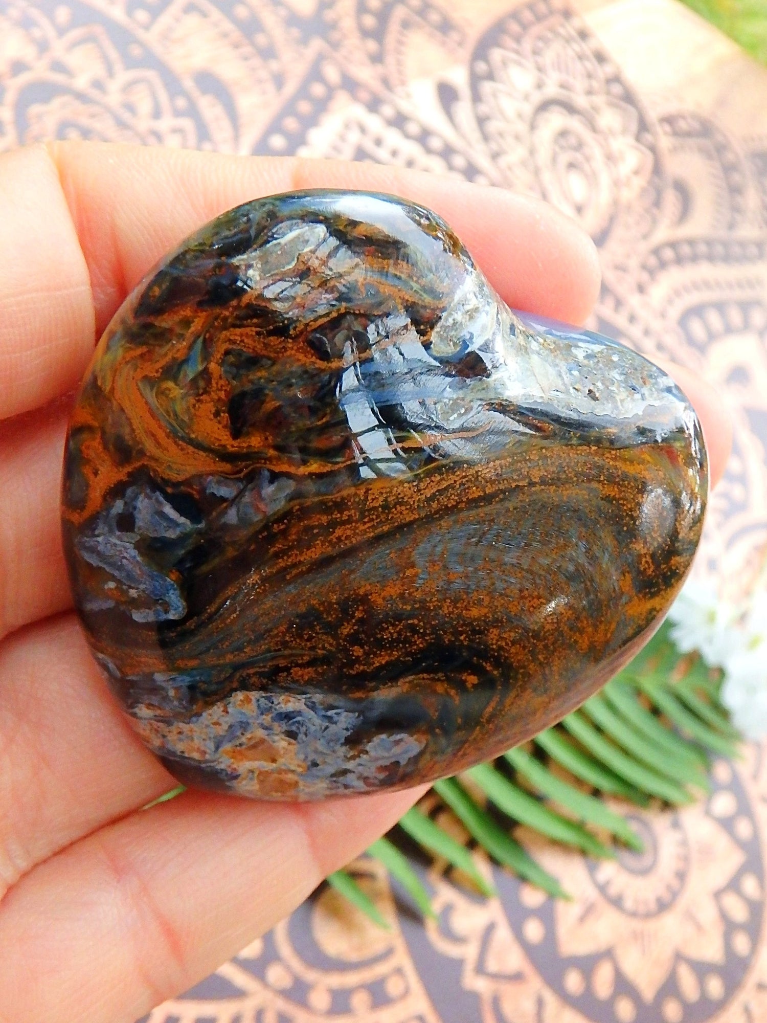 Stormy Swirls of Golden & Silk Blue Pietersite Heart Carving - Metiz Tier Price