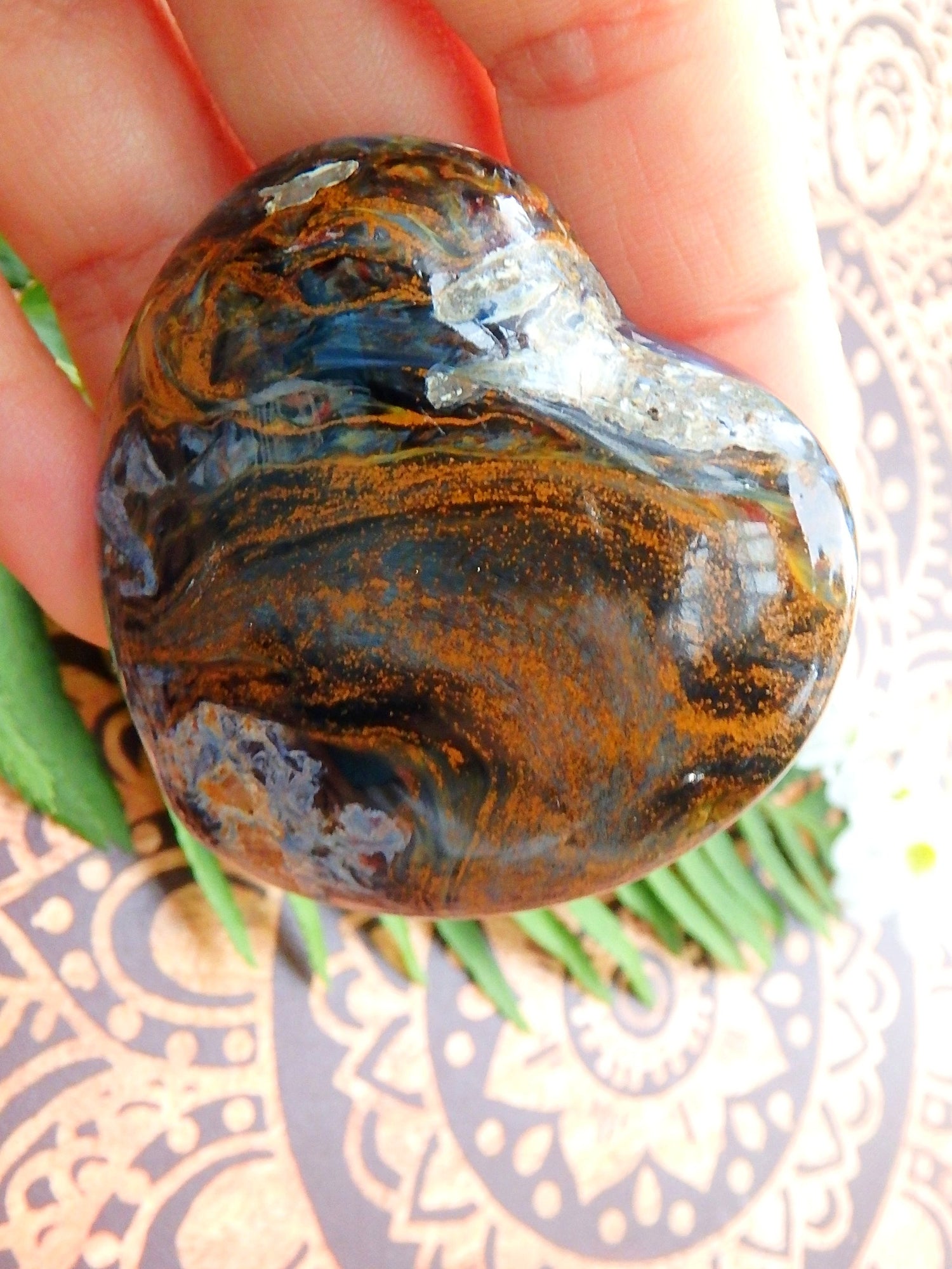 Stormy Swirls of Golden & Silk Blue Pietersite Heart Carving - Metiz Tier Price