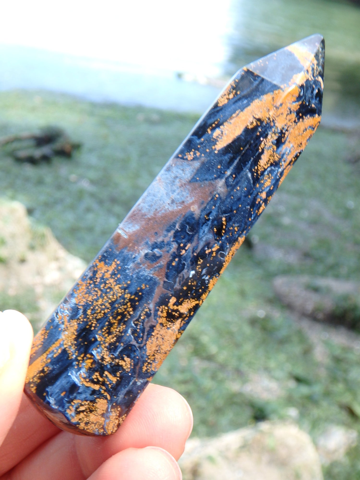 Satiny Blue Flashes & Swirls of Gold Pietersite Wand (Ideal for Energy Work) - Metiz Tier Price