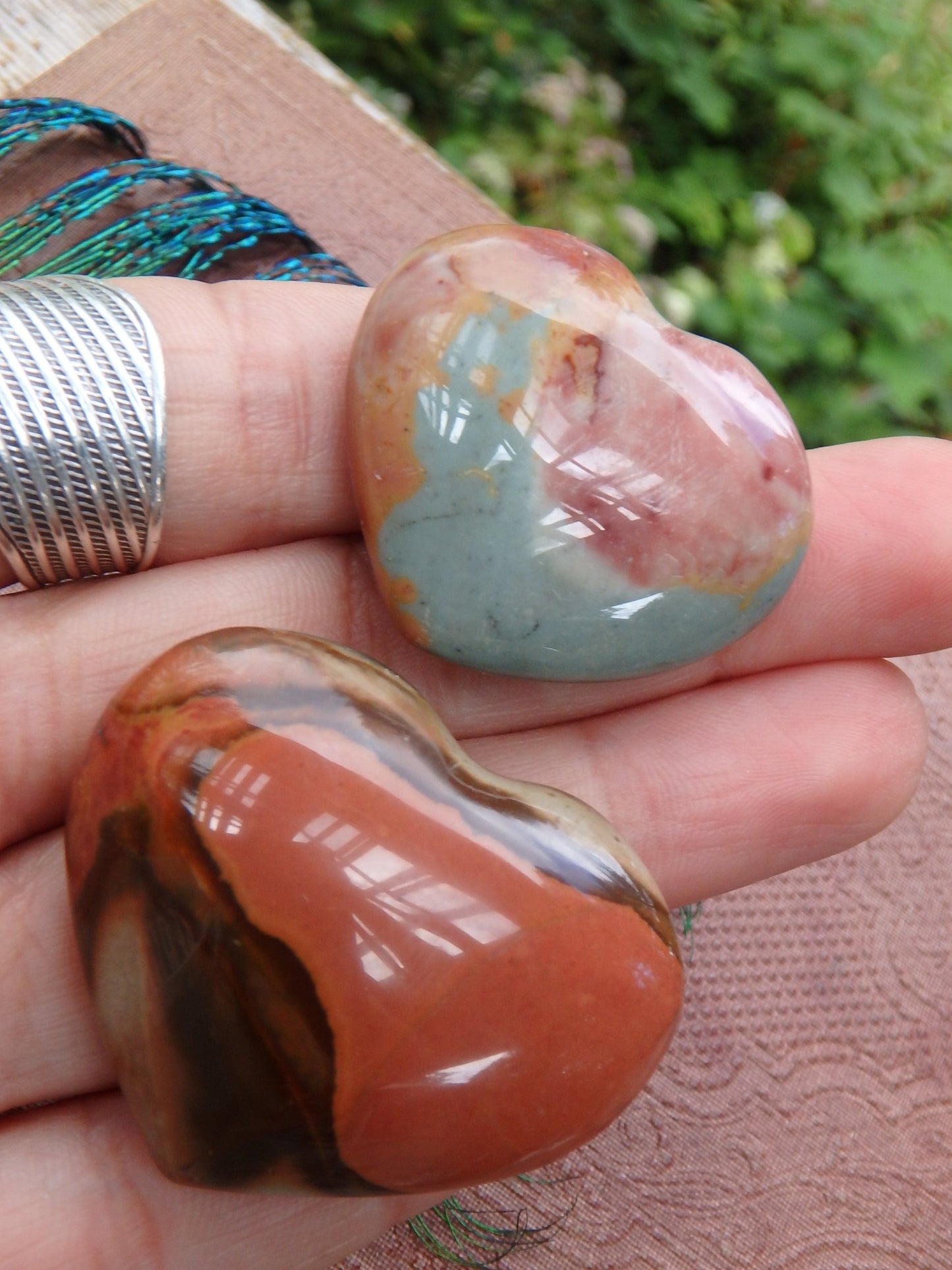 Set of 2 Pretty Splashes of Color Polychrome Jasper Hand Held Hearts - Metiz Tier Price