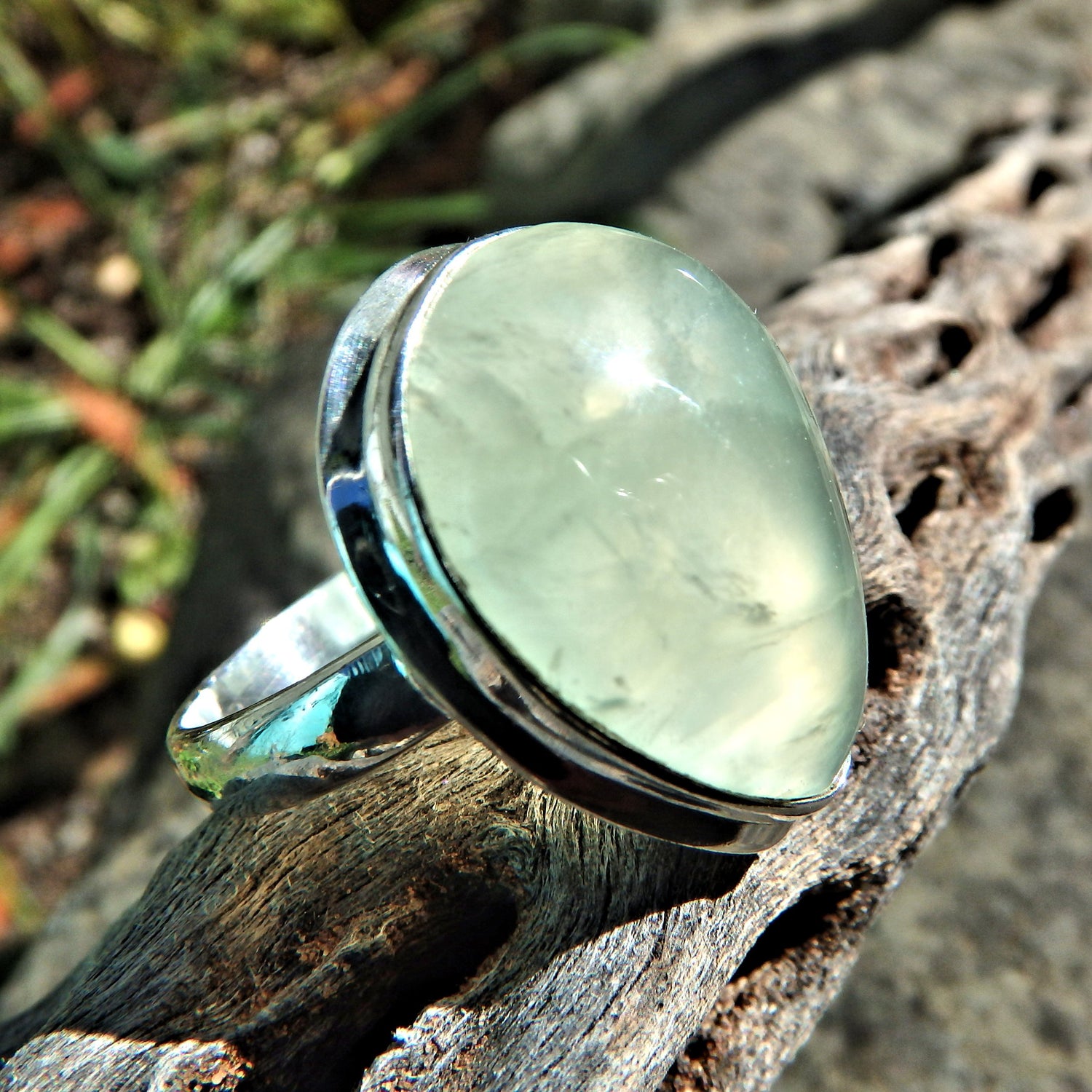 Minty Green Optical Prehnite Ring in Sterling Silver (Size 8) - Earth Family Crystals
