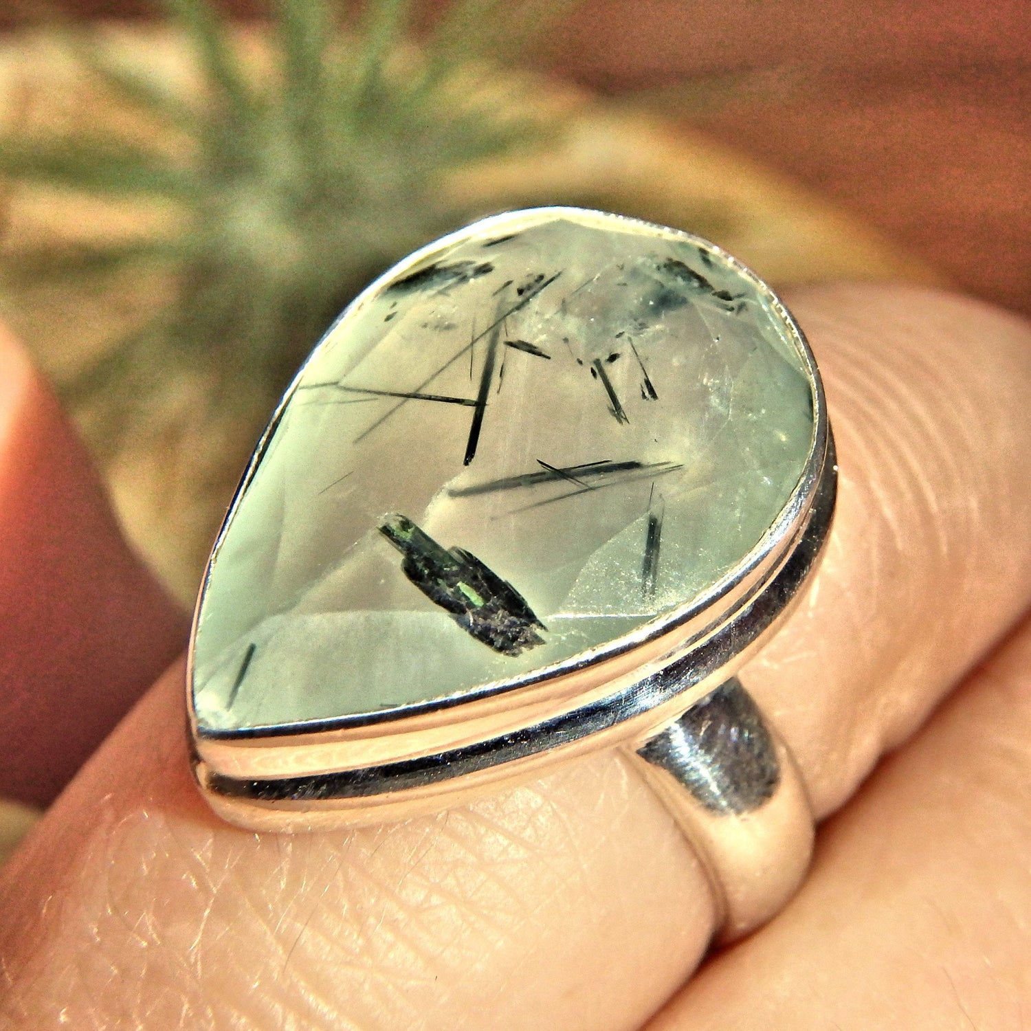  Brilliant Faceted Mint Green Prehnite & Epidote Threads Sterling Silver Ring (Size 6)