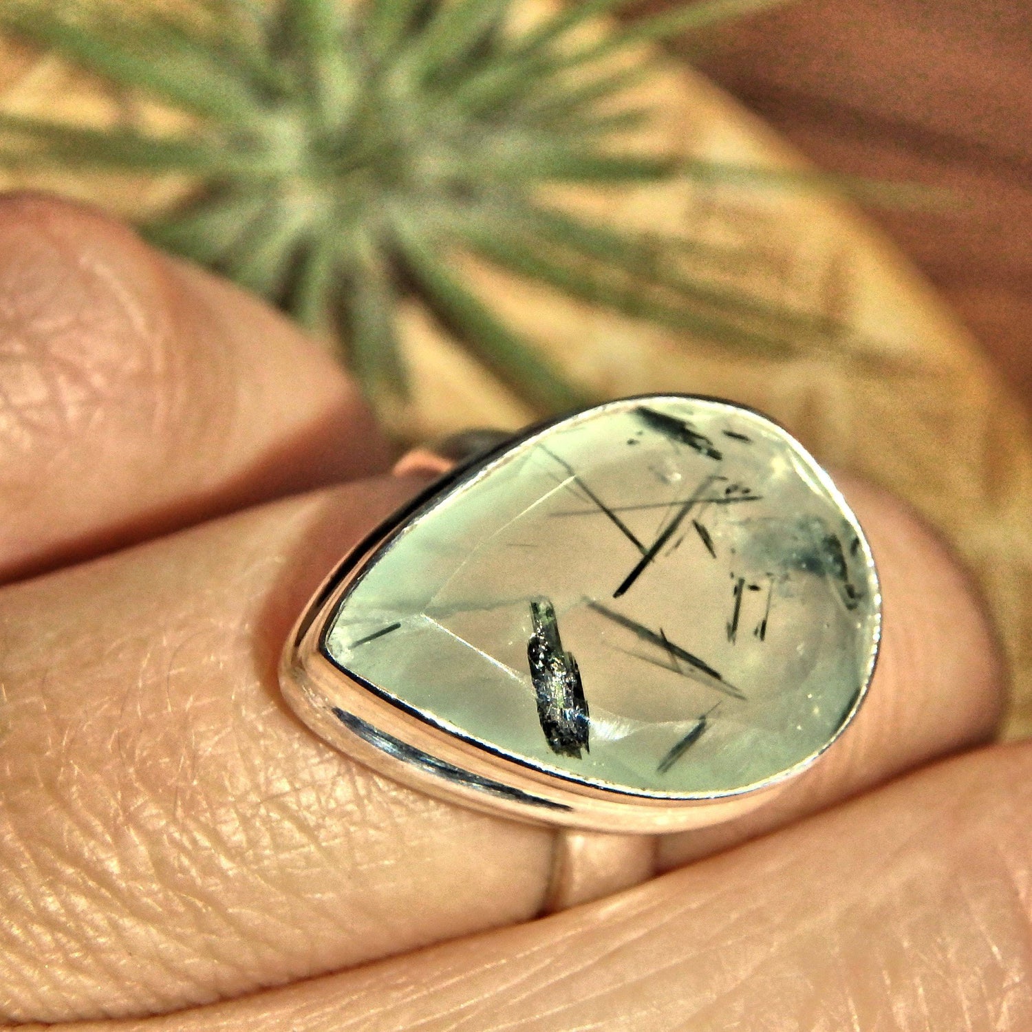  Brilliant Faceted Mint Green Prehnite & Epidote Threads Sterling Silver Ring (Size 6)