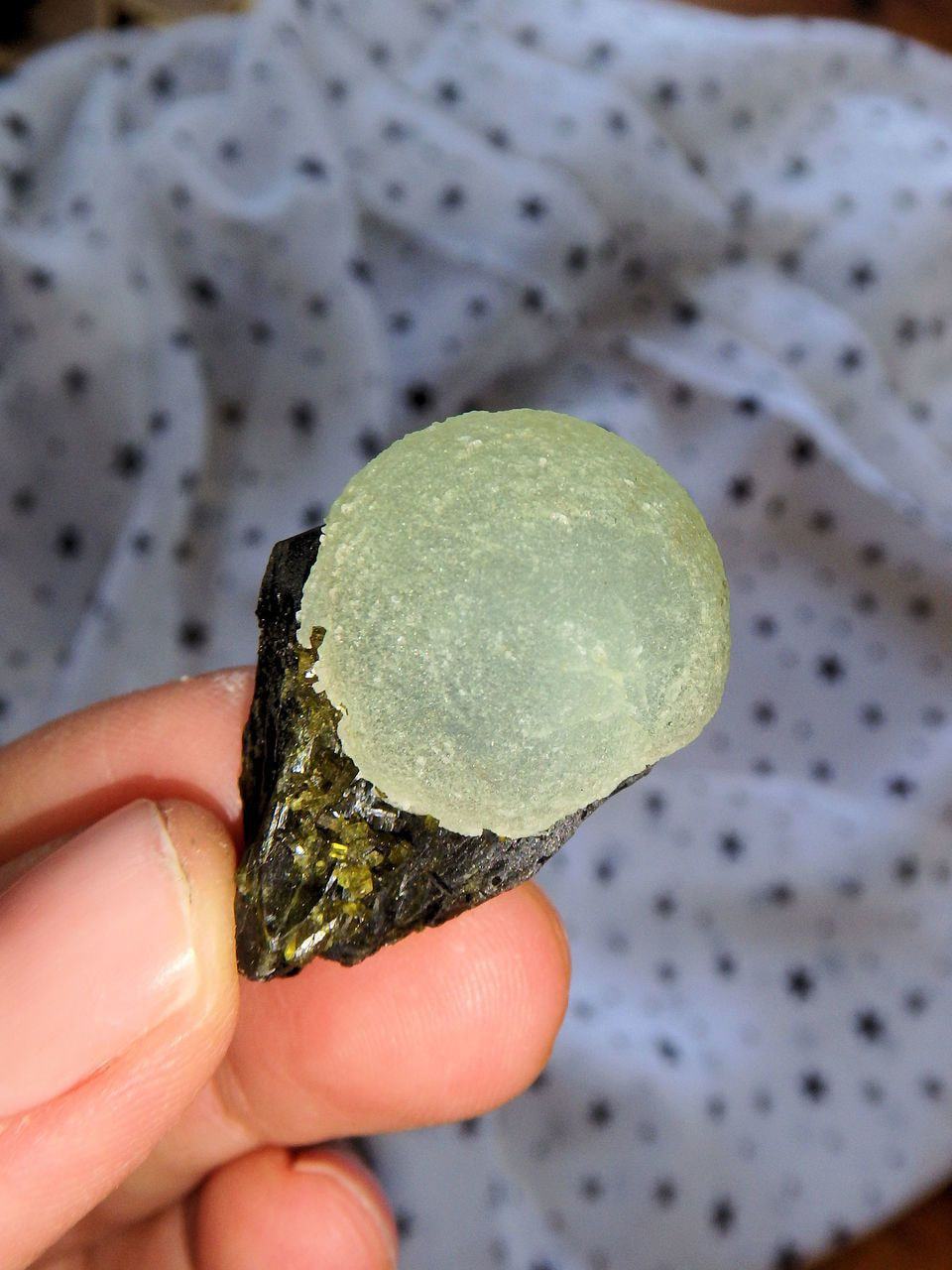  Adorable Spring Green Prehnite Ball on Deep Green Epidote Matrix
