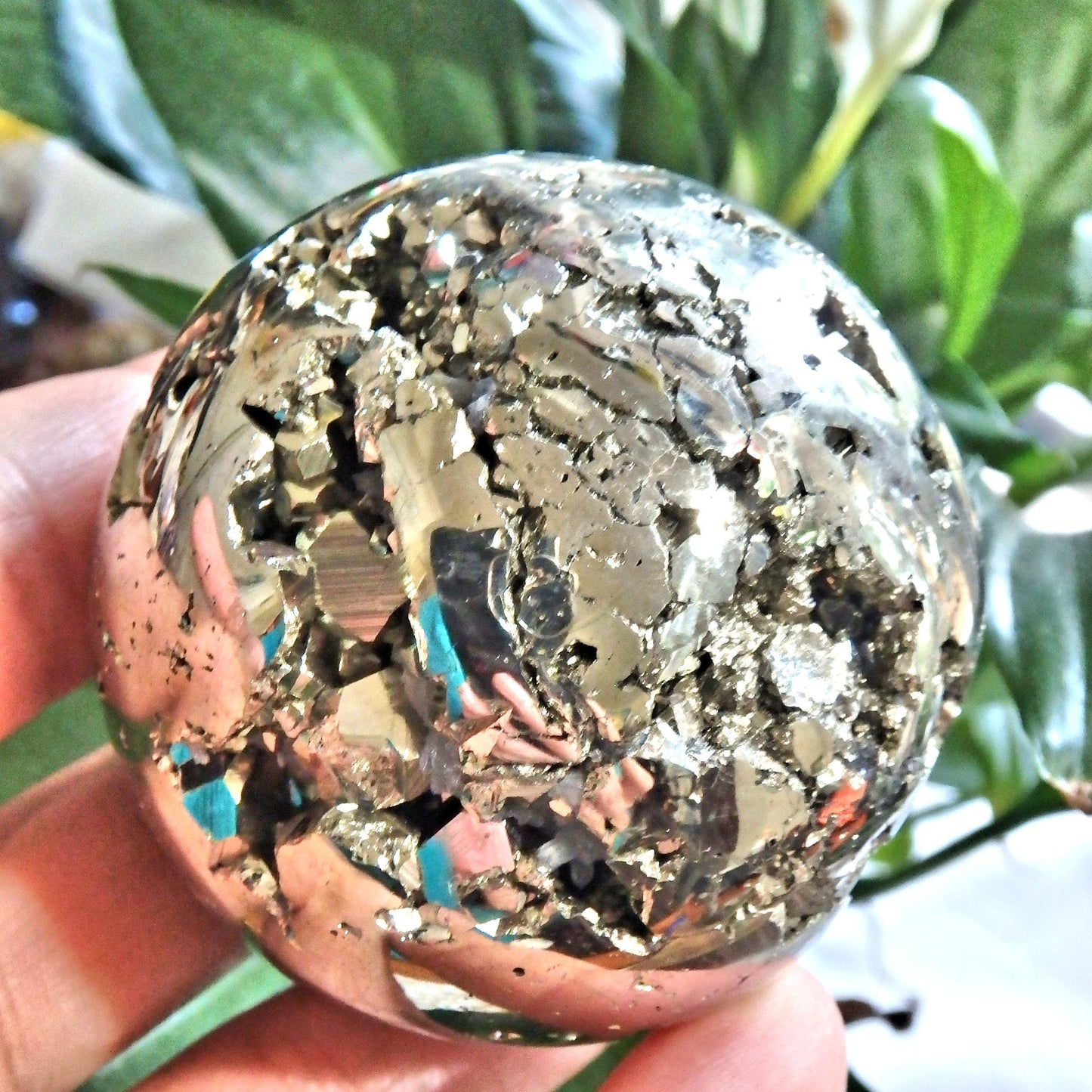  Caves & Sparkle Golden Pyrite Sphere Carving With Quartz Point Inclusions