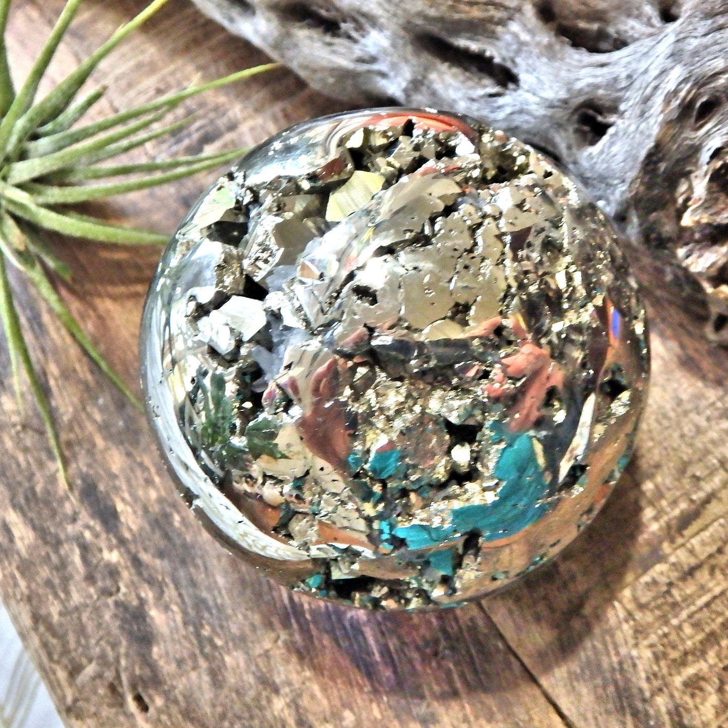  Caves & Sparkle Golden Pyrite Sphere Carving With Quartz Point Inclusions
