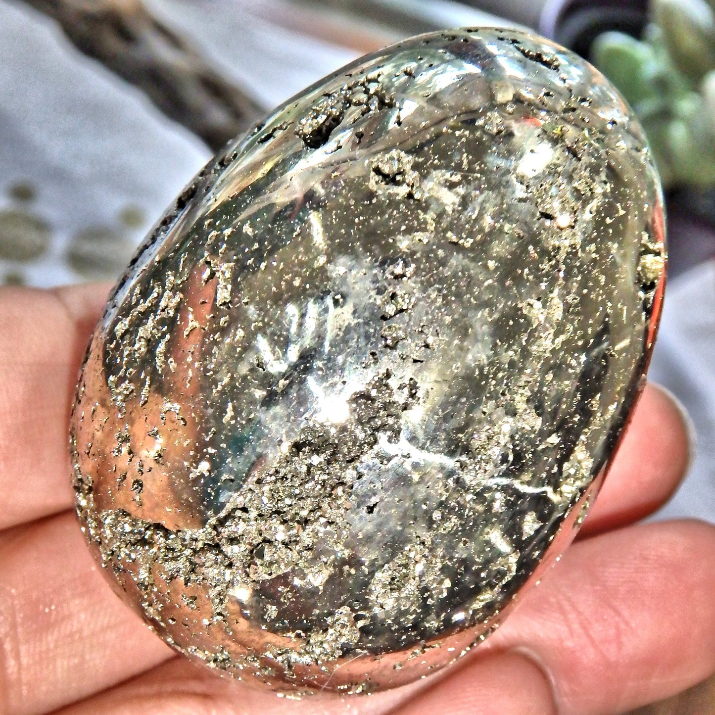 Gorgeous Golden Pyrite Egg Carving Specimen - Earth Family Crystals