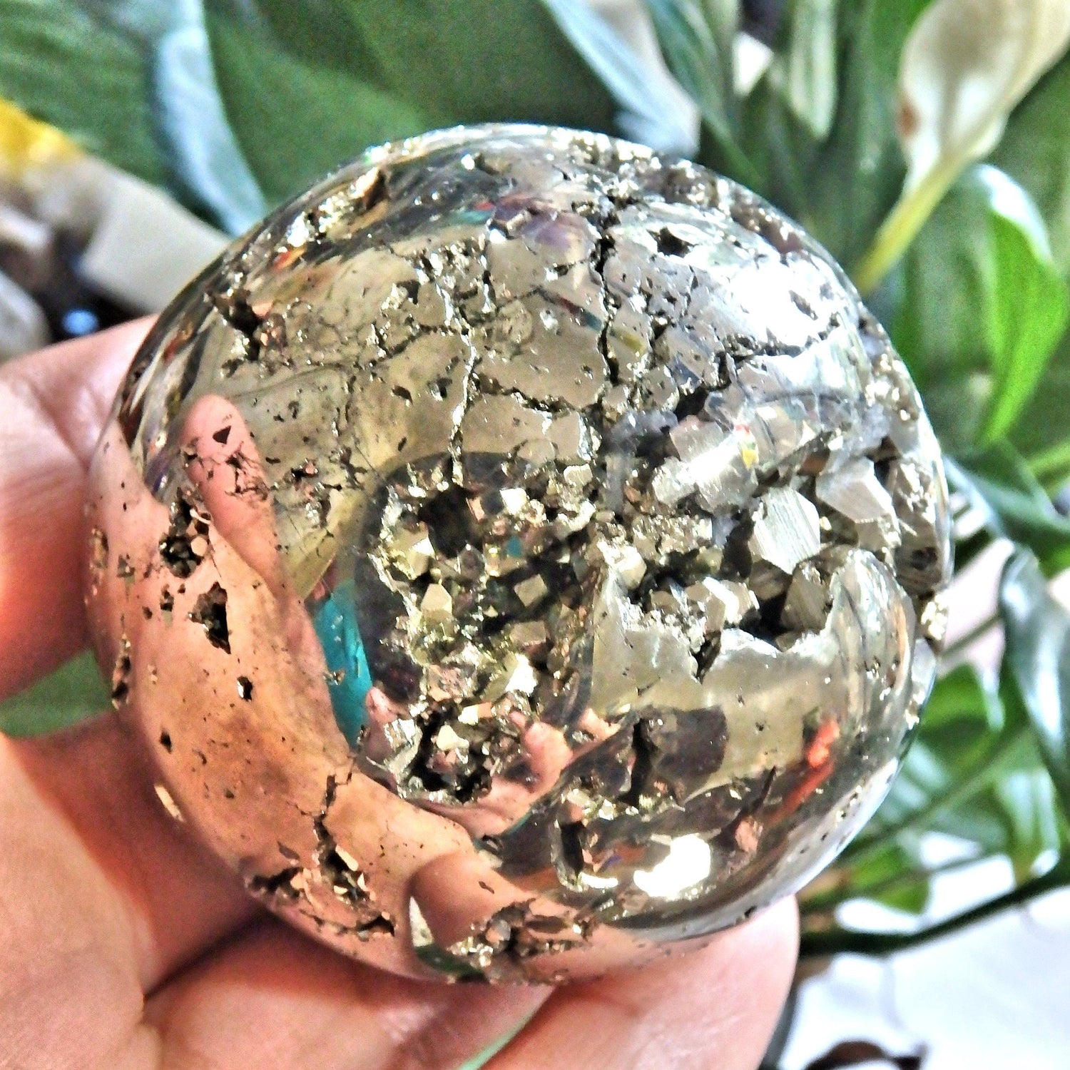  Caves & Sparkle Golden Pyrite Sphere Carving With Quartz Point Inclusions