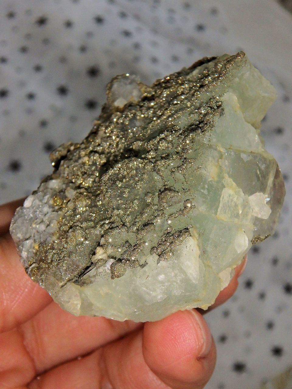 Green Fluorite With Golden Pyrite Frosting & Druzy Quartz Points - Earth Family Crystals