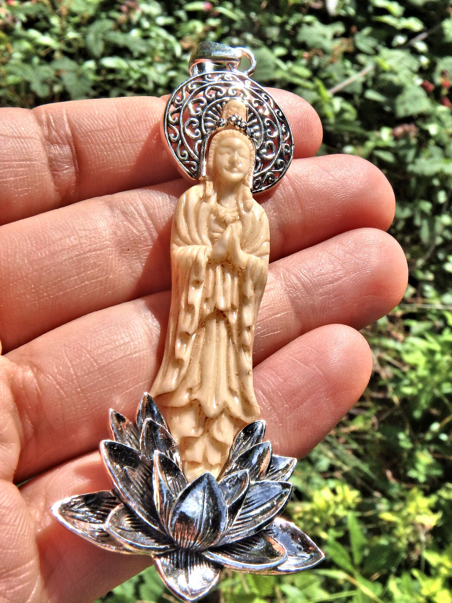 Large Lotus & Quan Yin Goddess Carved Bone Pendant in Sterling Silver (Includes Silver Chain) - Earth Family Crystals