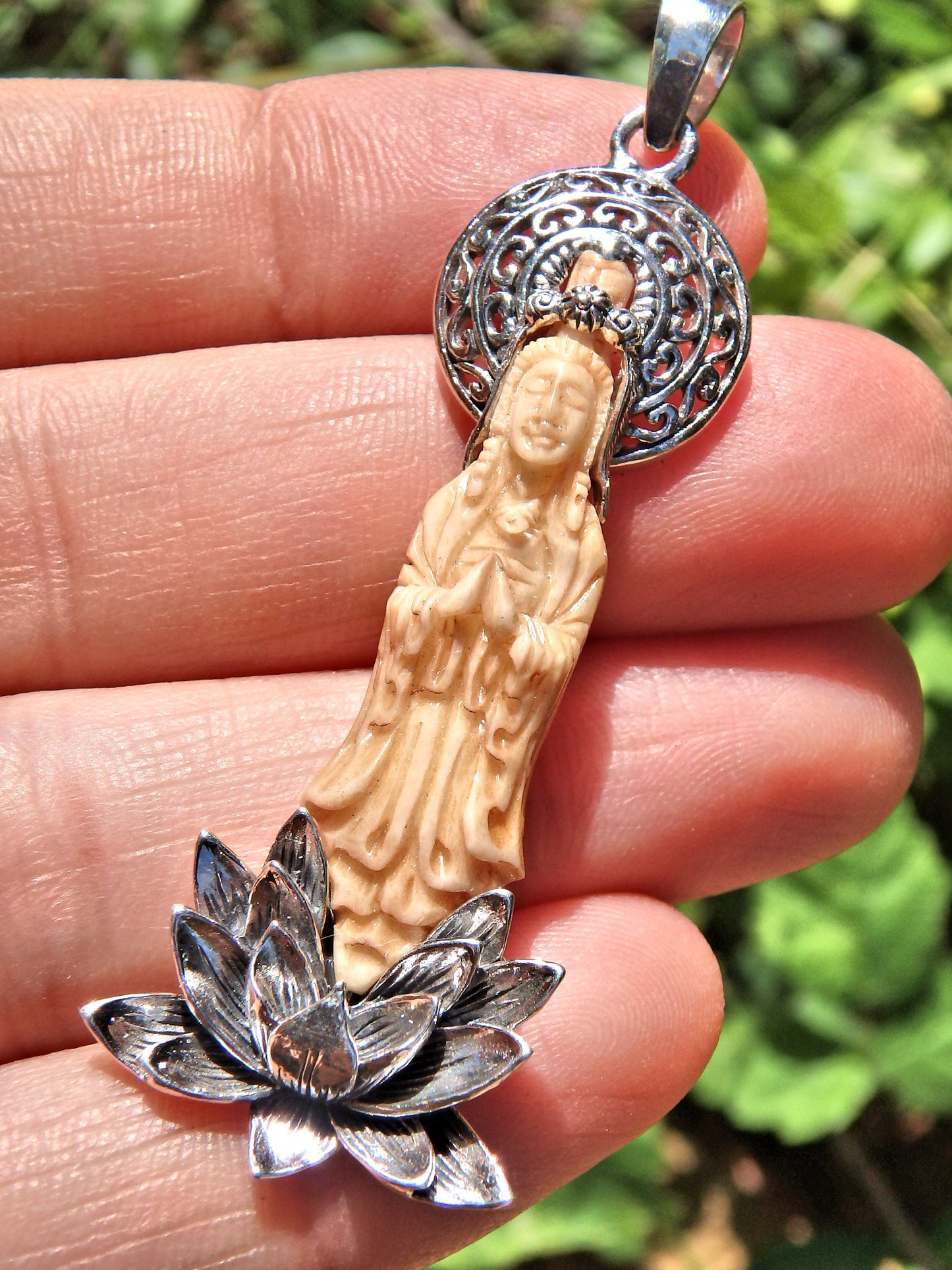 Lotus & Quan Yin Goddess Bone Carved  Pendant in Sterling Silver (Includes Silver Chain) - Earth Family Crystals