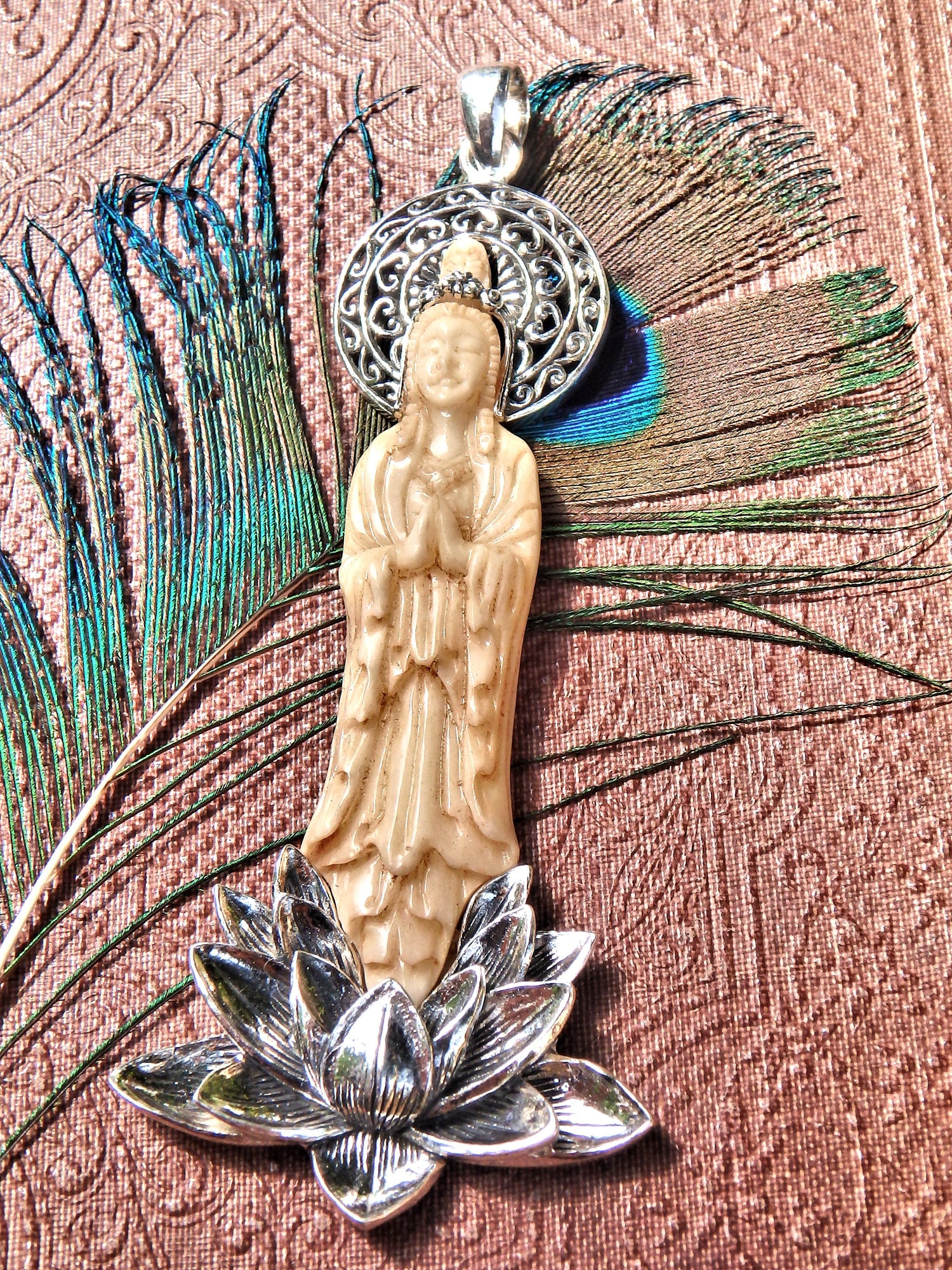 Large Lotus & Quan Yin Goddess Carved Bone Pendant in Sterling Silver (Includes Silver Chain) - Earth Family Crystals