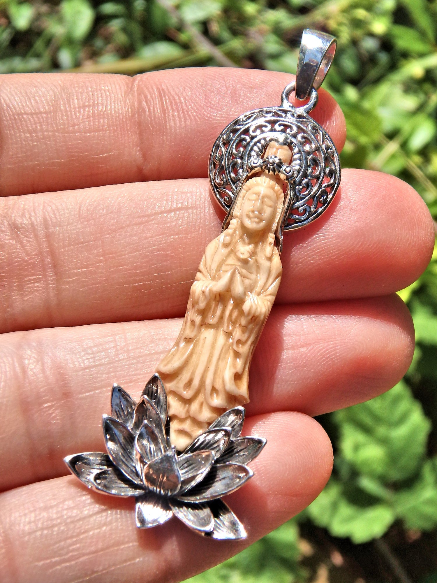Lotus & Quan Yin Goddess Bone Carved  Pendant in Sterling Silver (Includes Silver Chain) - Earth Family Crystals
