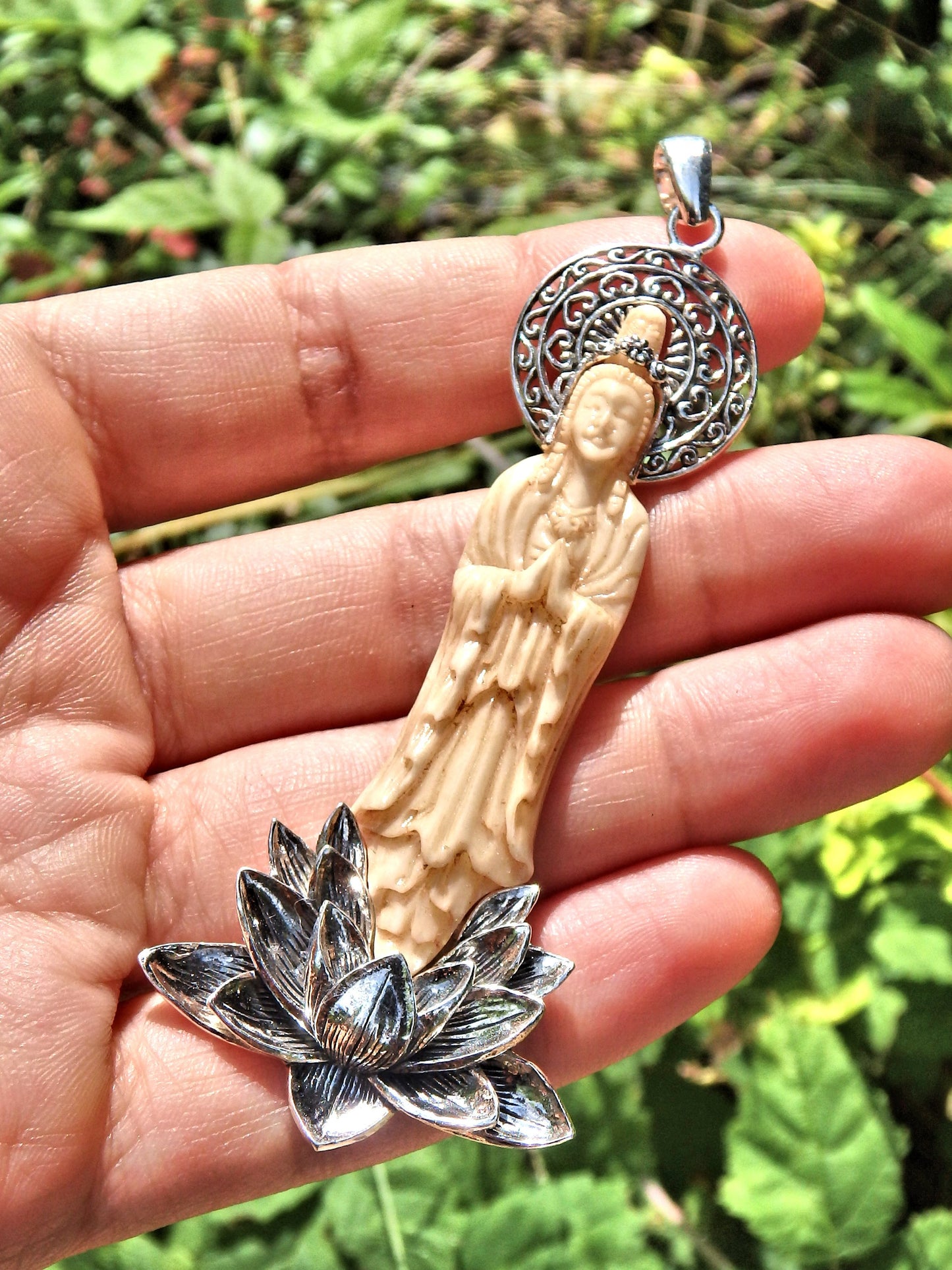 Large Lotus & Quan Yin Goddess Carved Bone Pendant in Sterling Silver (Includes Silver Chain) - Earth Family Crystals