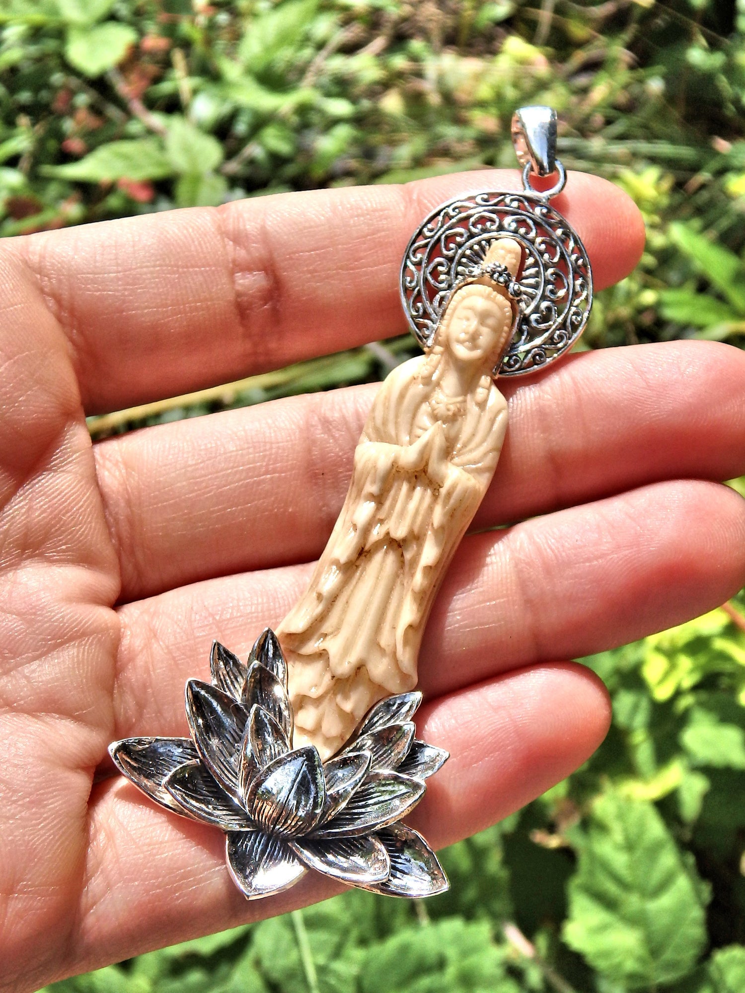 Large Lotus & Quan Yin Goddess Carved Bone Pendant in Sterling Silver (Includes Silver Chain) - Earth Family Crystals