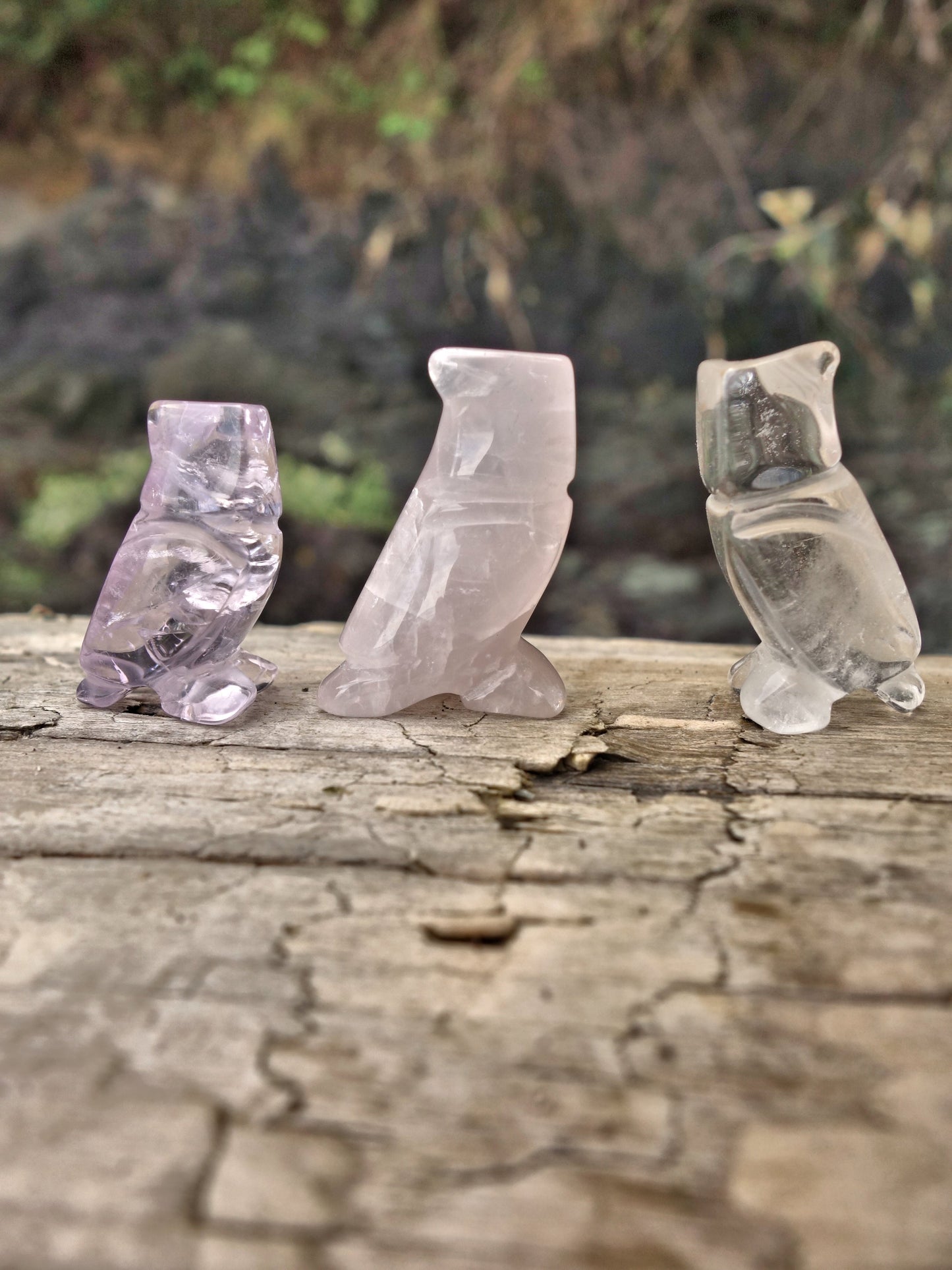 Set of 3 Cute Little Owl Carvings in Rose Quartz, Amethyst & Clear Quartz - Metiz Tier Price