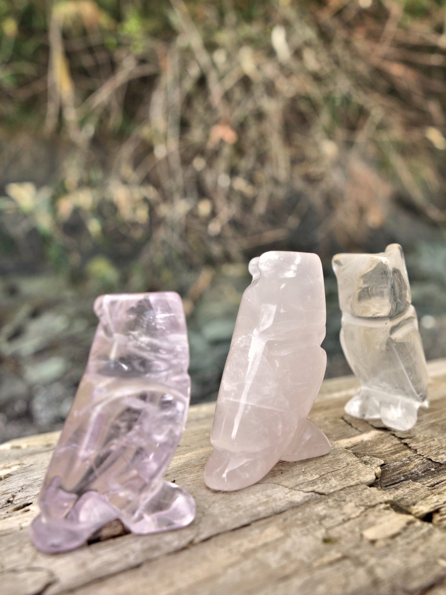 Set of 3 Cute Little Owl Carvings in Rose Quartz, Amethyst & Clear Quartz - Metiz Tier Price