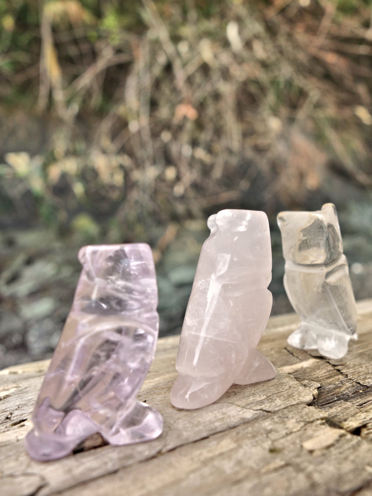 Set of 3 Cute Little Owl Carvings in Rose Quartz, Amethyst & Clear Quartz - Metiz Tier Price