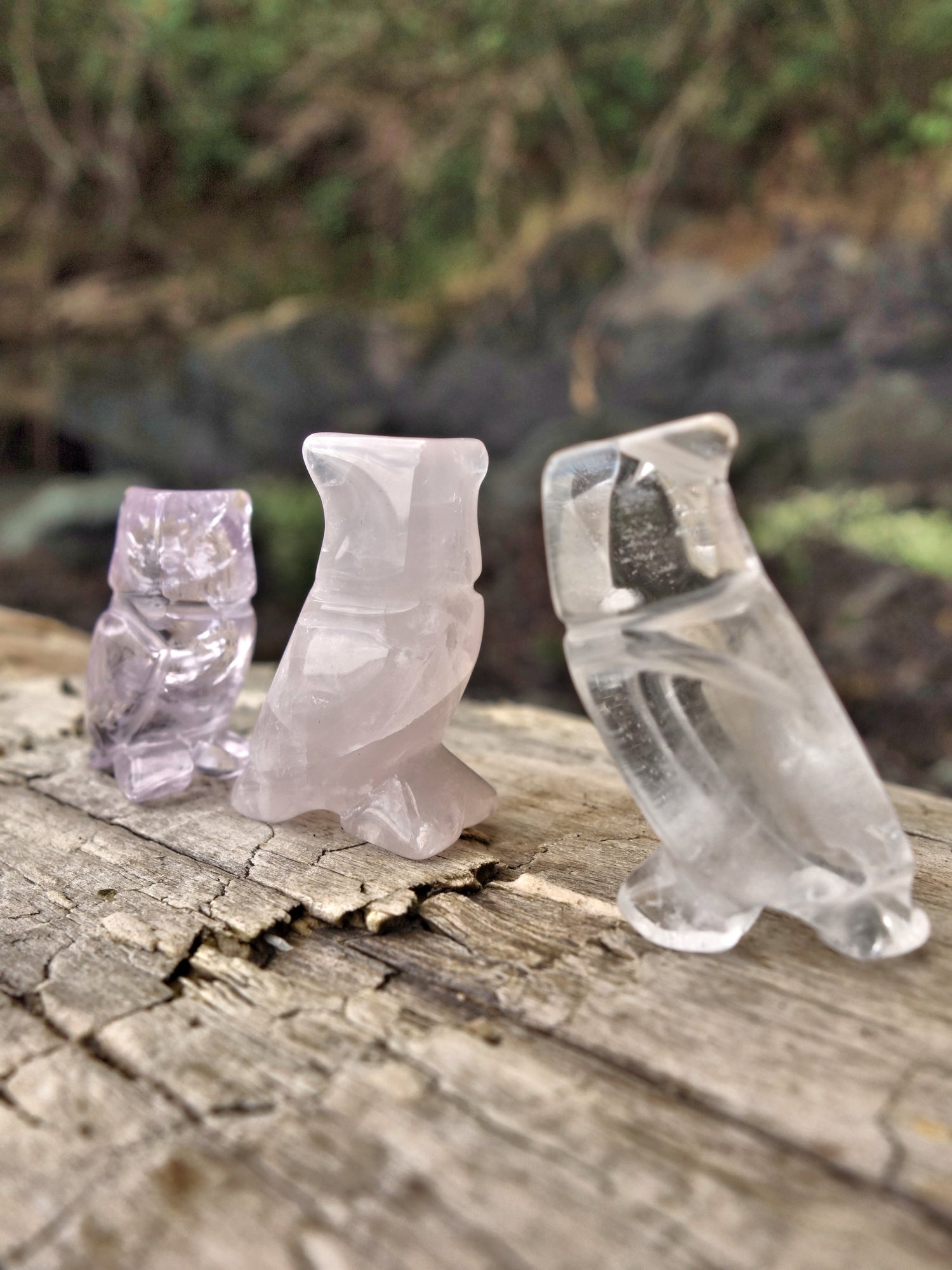 Set of 3 Cute Little Owl Carvings in Rose Quartz, Amethyst & Clear Quartz - Metiz Tier Price