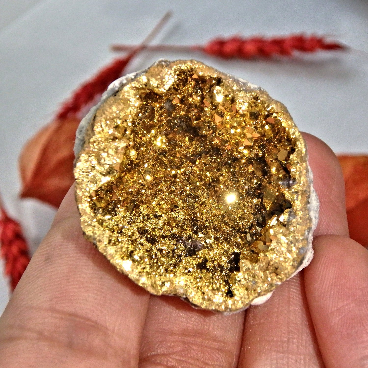 Gorgeous Glimmering 14 k Gold Infused Quartz Geode Specimen 4 - Earth Family Crystals