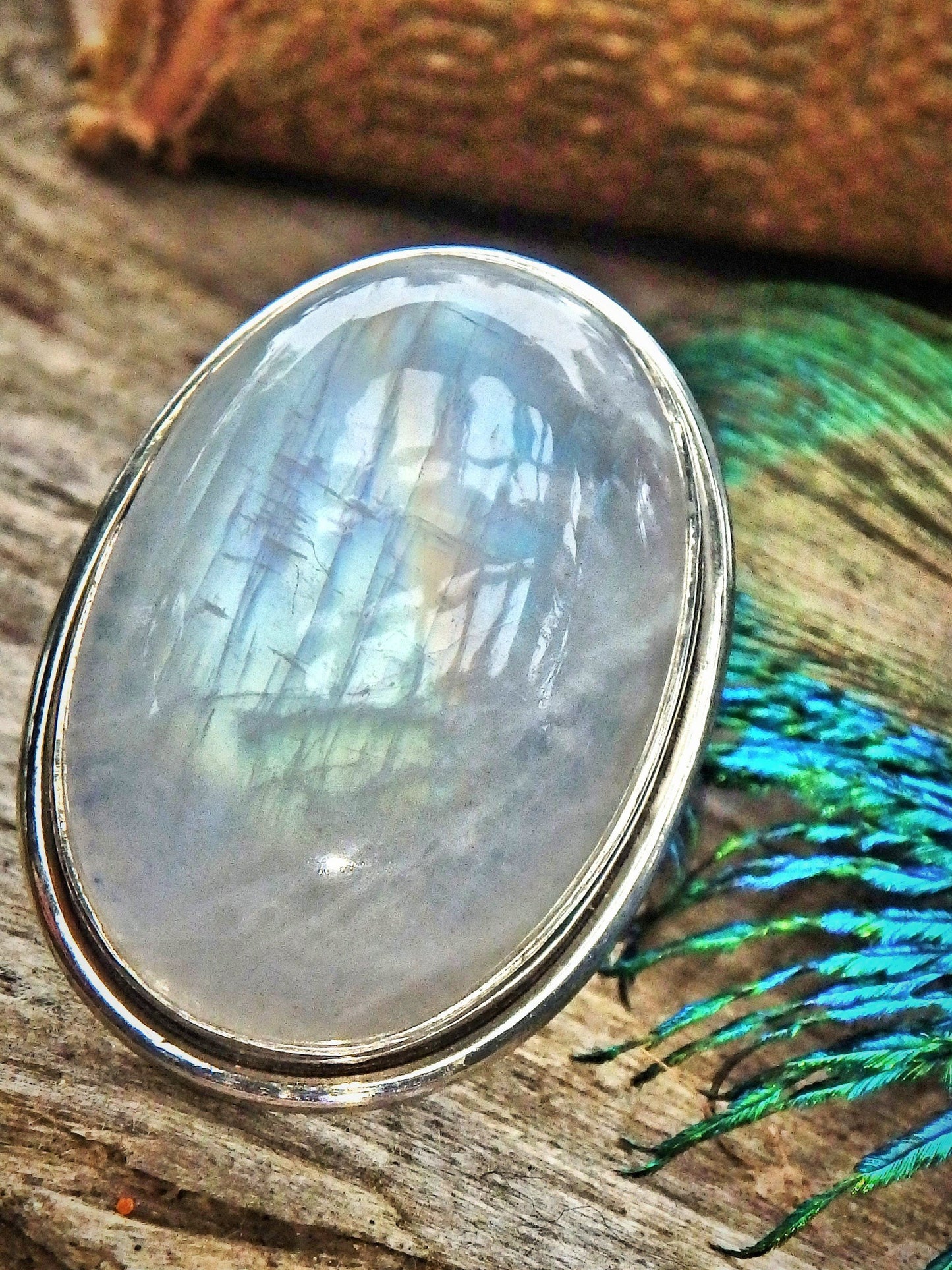  Dancing Rainbow Flashes Rainbow Moonstone Chunky Ring in Sterling Silver (Size 9)
