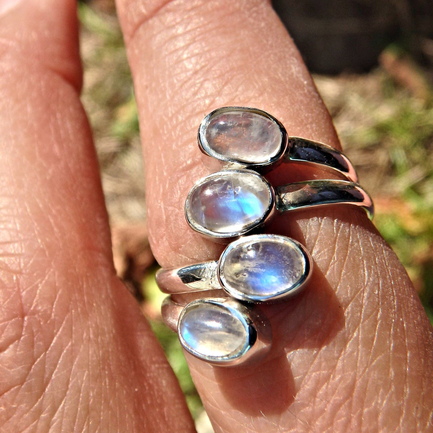  Blue Flashes 4 Stone Rainbow Moonstone Ring in Sterling Silver ( Adjustable Size 6.5-8)