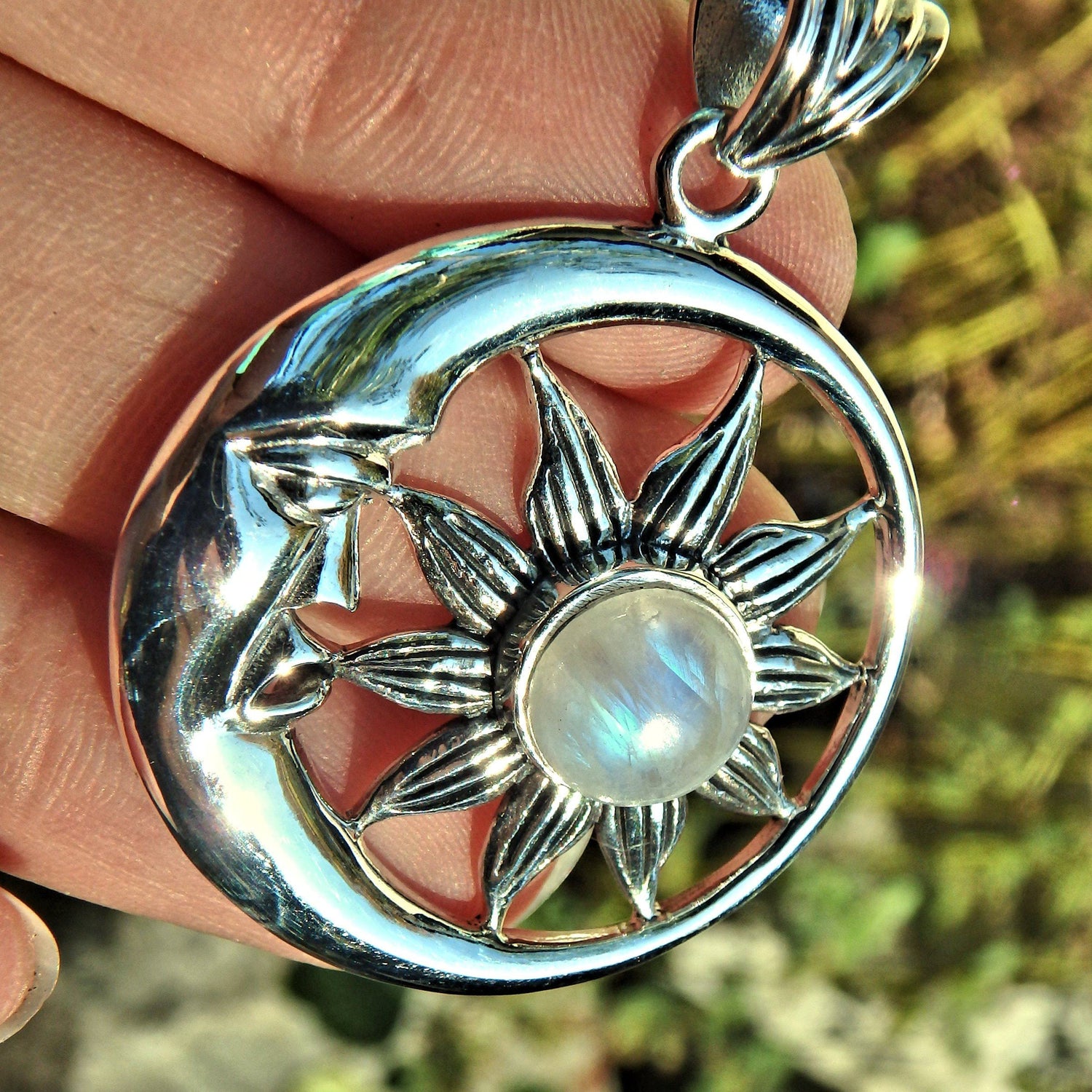  Crescent Moon Face & Rainbow Moonstone Flower  Pendant in Sterling Silver (Includes Silver Chain)