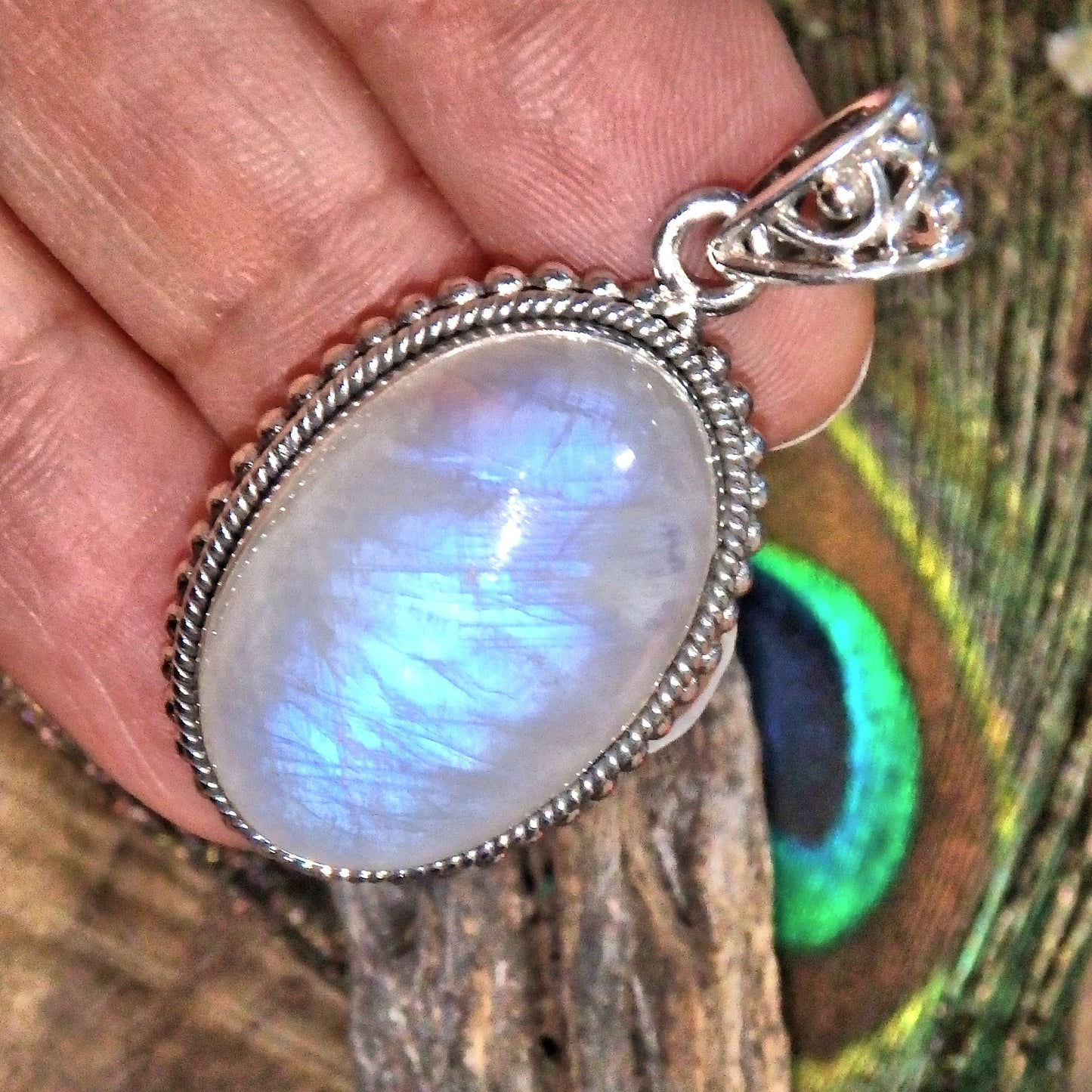 Frosted Blue Flashes Gorgeous Rainbow Moonstone Pendant in Sterling Silver (Includes Silver Chain) 1 - Earth Family Crystals