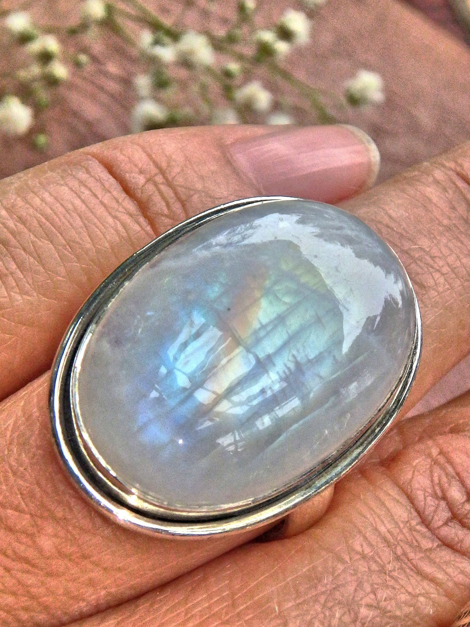  Dancing Rainbow Flashes Rainbow Moonstone Chunky Ring in Sterling Silver (Size 9)