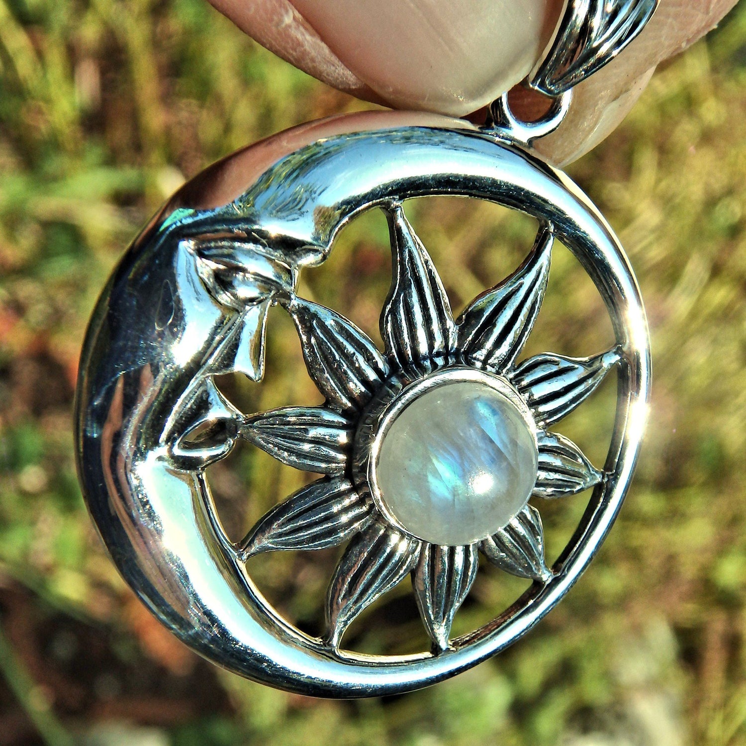  Crescent Moon Face & Rainbow Moonstone Flower  Pendant in Sterling Silver (Includes Silver Chain)