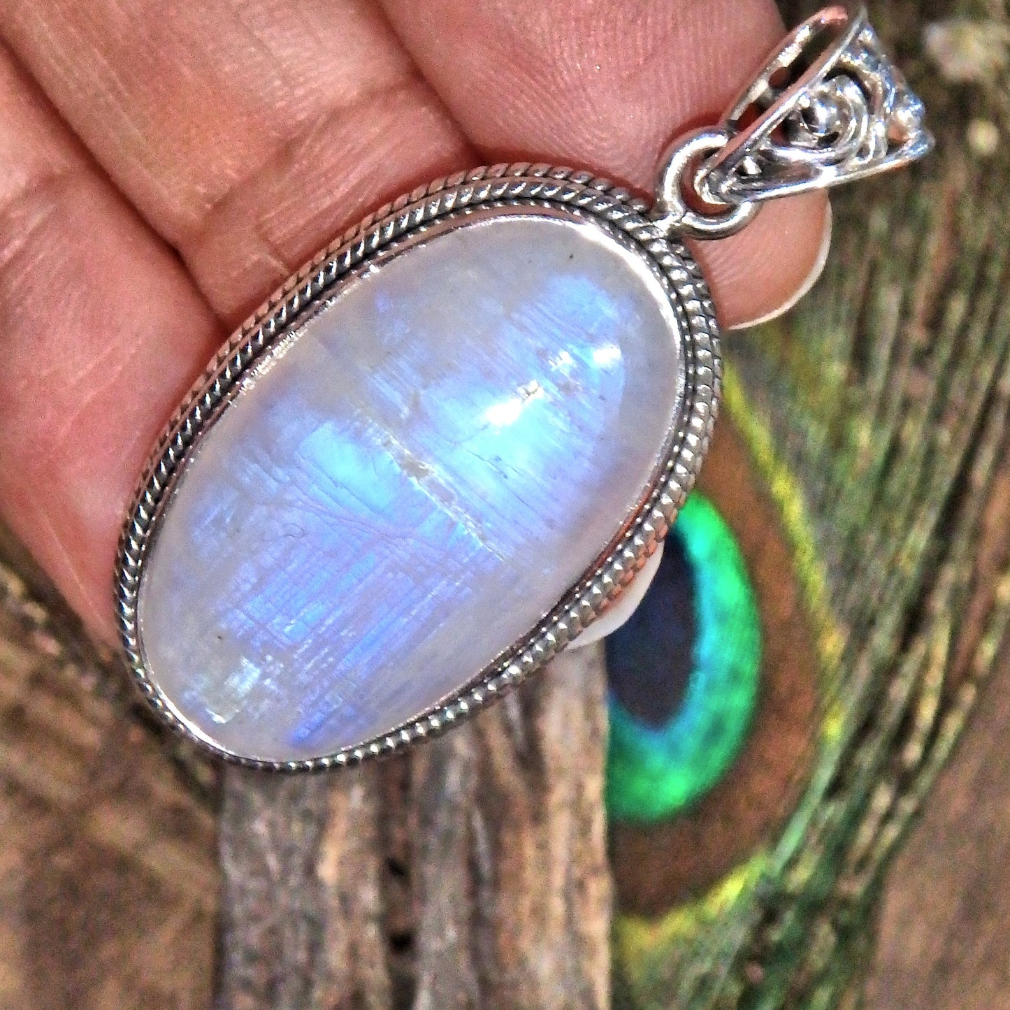 Frosted Blue Flashes Gorgeous Rainbow Moonstone Pendant in Sterling Silver (Includes Silver Chain) 2 - Earth Family Crystals